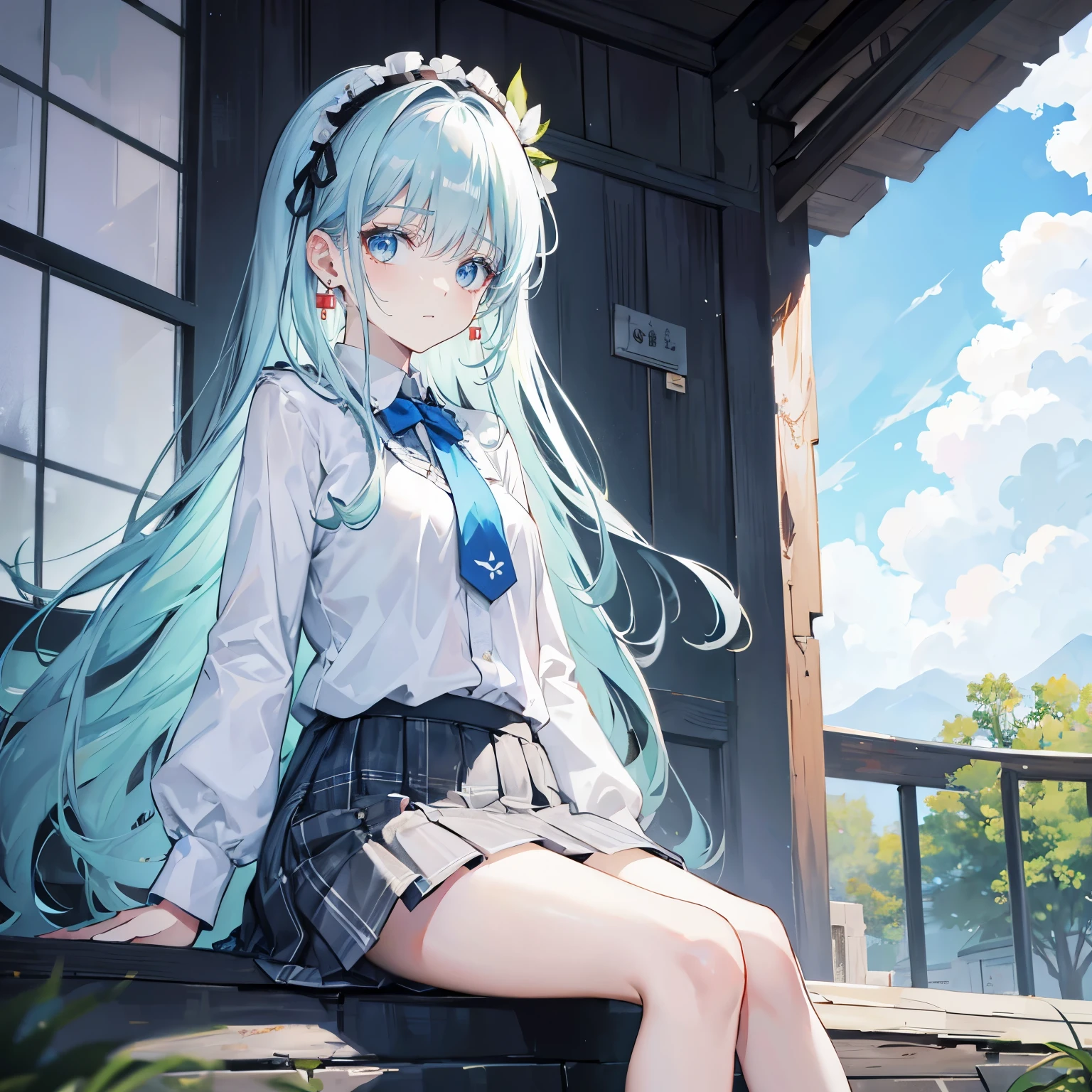 White color hair,long hair,Bangs,Bangs整齐,green hairband,gray eyes,girl,cute,The body is very thin,earring ,earrings, JK plaid skirt,The background is blue sky and white clouds