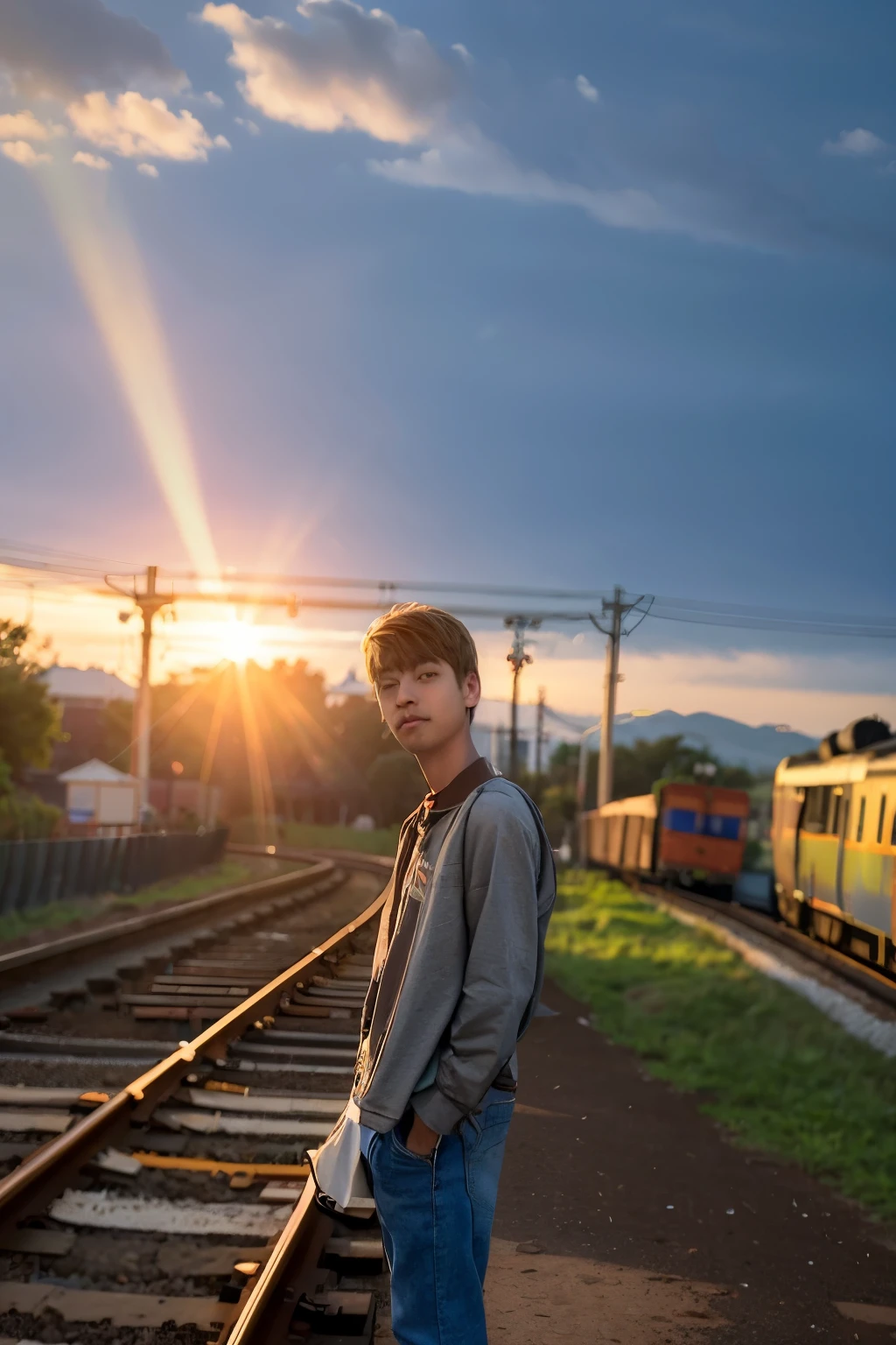 there is a young boy standing on a train track with a suitcase, with backdrop of god rays, with sunset, taken with sony alpha 9, shot on nikon z9, hot with shining sun, morning time, taken with the best dlsr camera, during sunset, photo taken with sony a7r camera, in sunny weather, morning sunrise