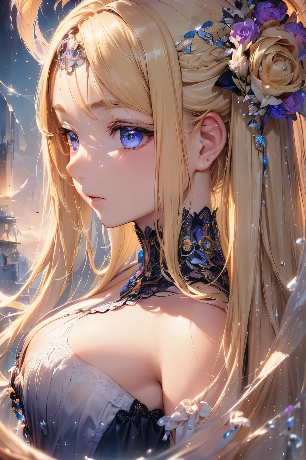 1girl,sense of deps,disorganized,catch light,super beautiful illustrations,(((beautiful blonde,two side up hairstyle:1.3))),;D,beautiful and delicate flowing hair,Delicate and detailed purple eyes:1.2,purple clothes,emphasized chest