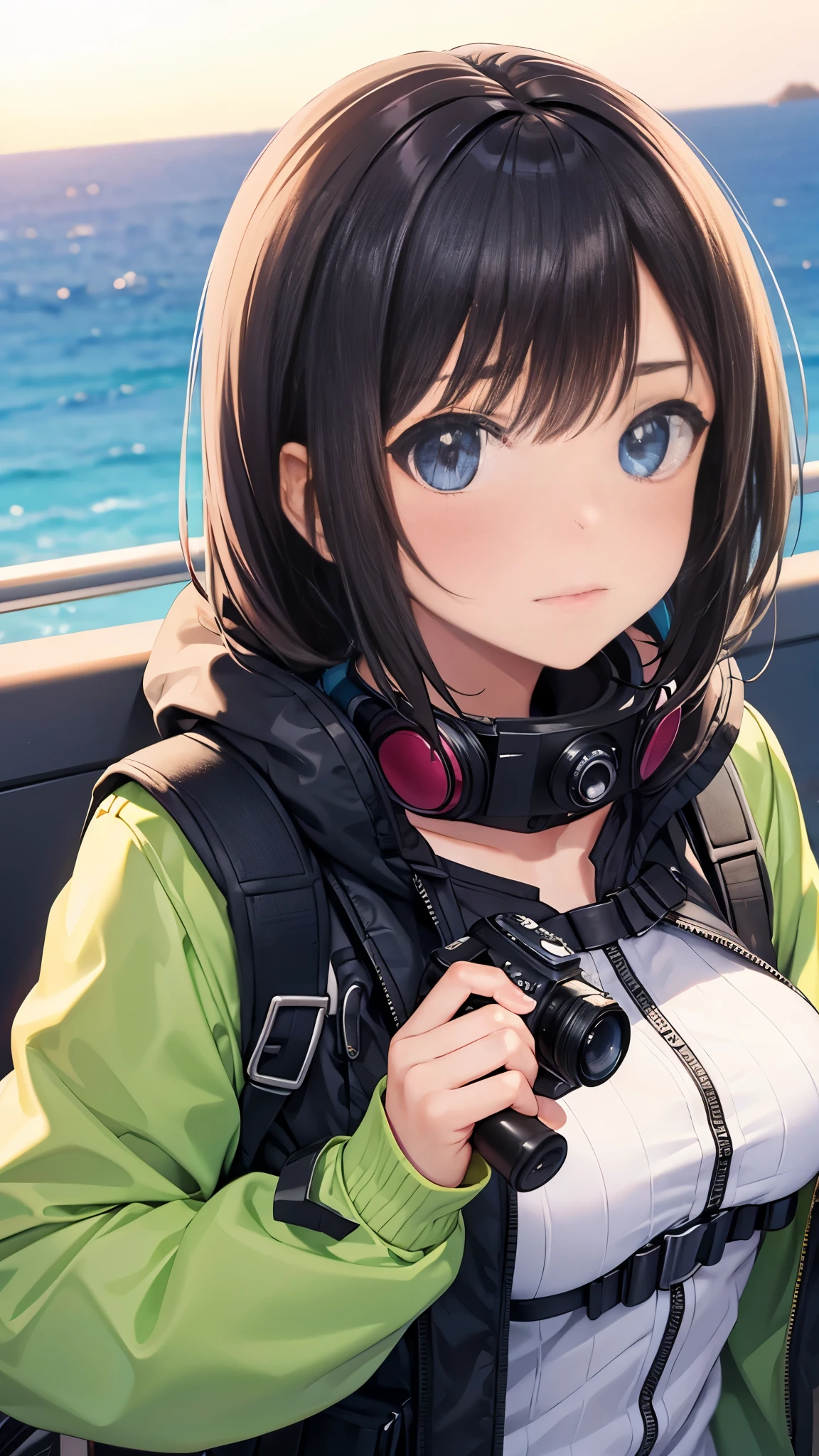 Close-up of a girl's face,Serious,Firm attitude,Travel clothing,travel variety show,camera,Recording equipment