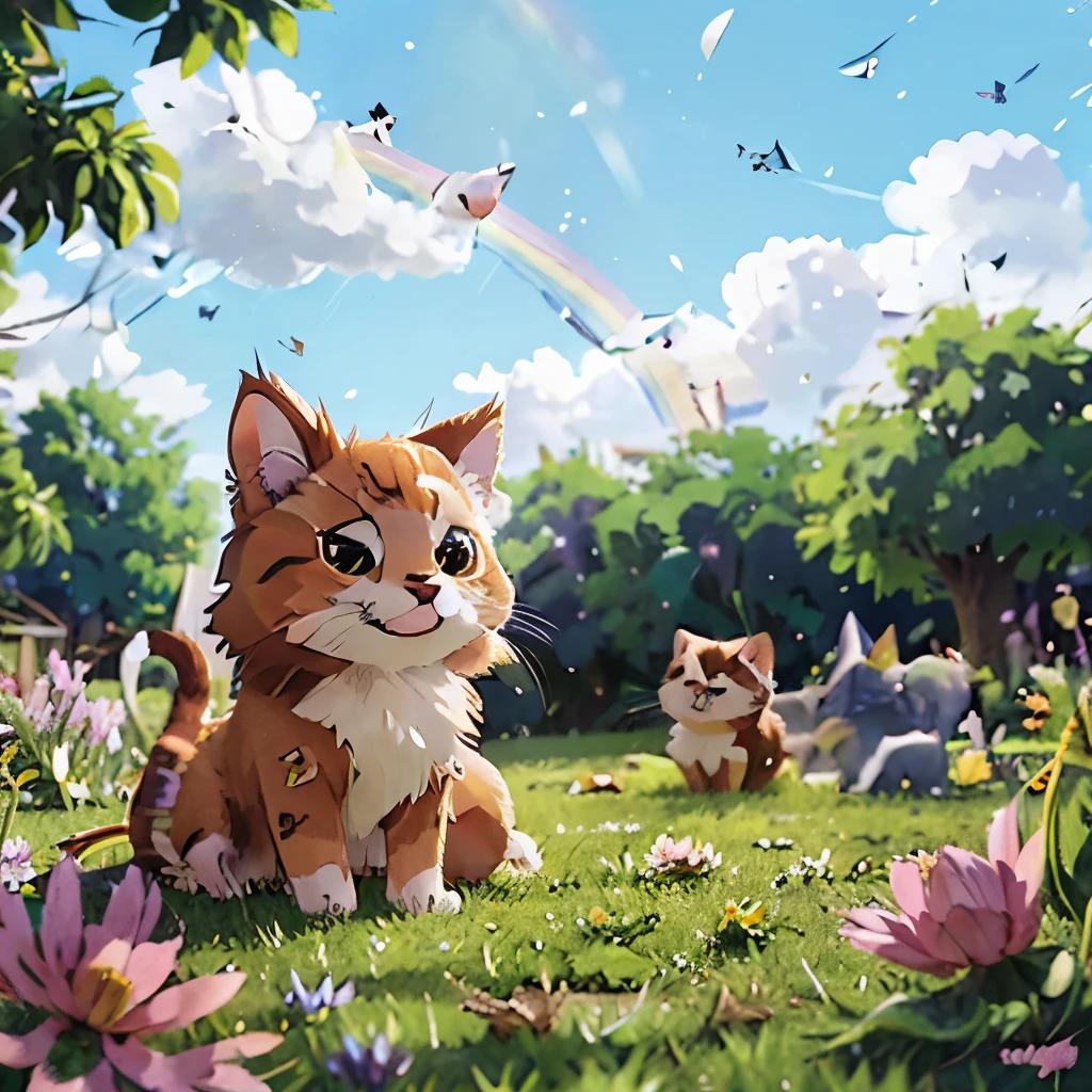 anime cat, anime visual of a cute cat, realistic anime cat, cute detailed digital art, Anime Art Wallpapers 4 k,Very beautiful furry art, Cute Anime Cats, white cat、Pink eyes、Pink eyes、butterflys々、butterflys々is flying、blue-sky、Sunnyday、Running、a smile、kirakira、rainbows、Rainbow、grass field、flower  field、Pretty flowers、With background