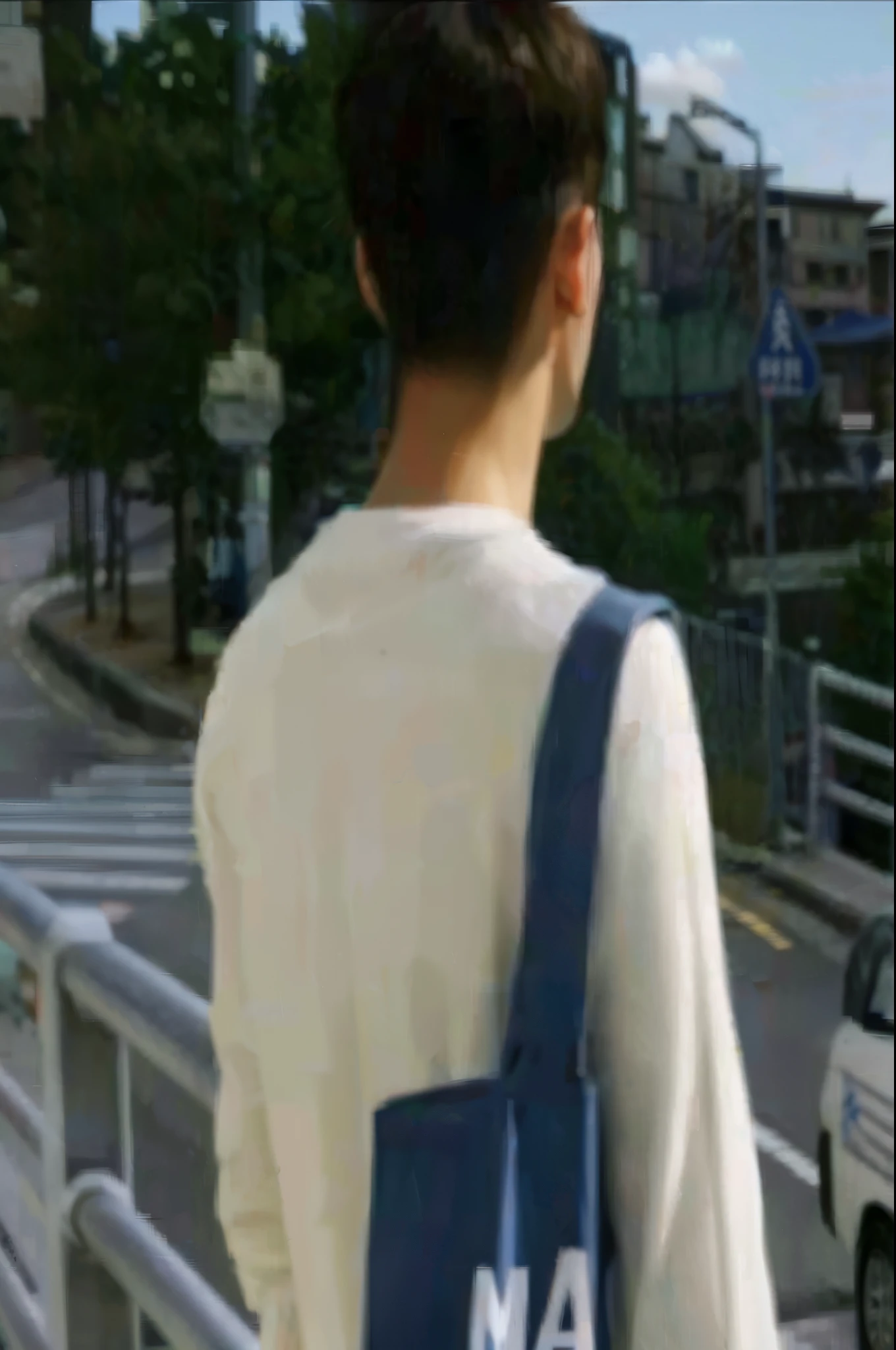 Alafid man carrying blue bag on street bridge, Paint Urzan, on the side, Korean male, Kim Doyoung, he turned around, Shoulder haze shot, [ 写实photo ]!!, masterpiece, photo, 2 4 year old man, 后面的photo, Inspired by Jin Mingguo