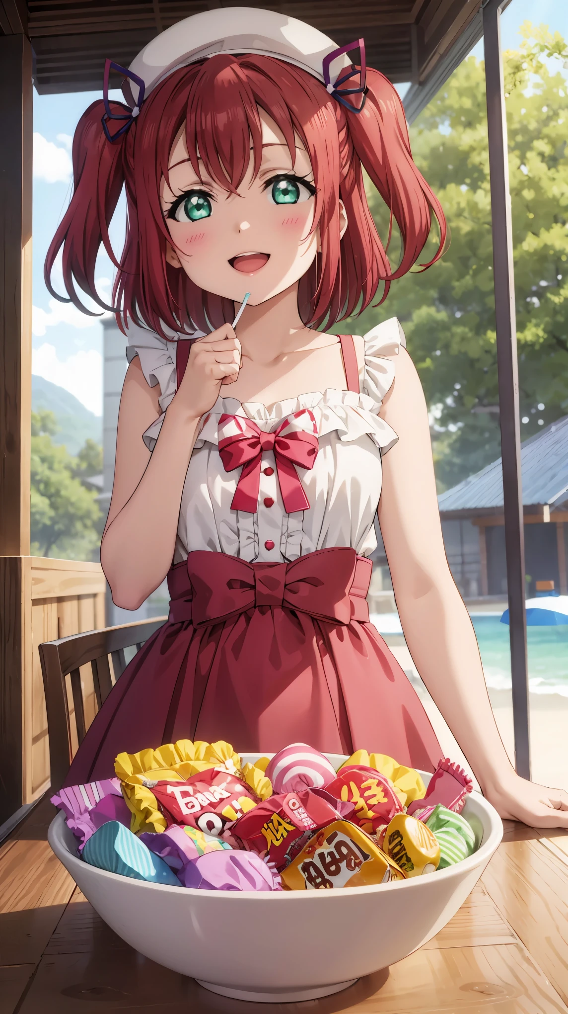 best quality, masterpiece, highres, solo, {kurosawa_ruby_lovelivesunshine:1.15}, red_hair, bangs, blush, two_side_up, smile, aqua_eyes, green_eyes, open_mouth, short_hair, hair_ornament, 1girl, candy, candy_hair_ornament, food, lollipop, looking_at_viewer, collarbone, frills, bow, food-themed_hair_ornament, hat, upper_body