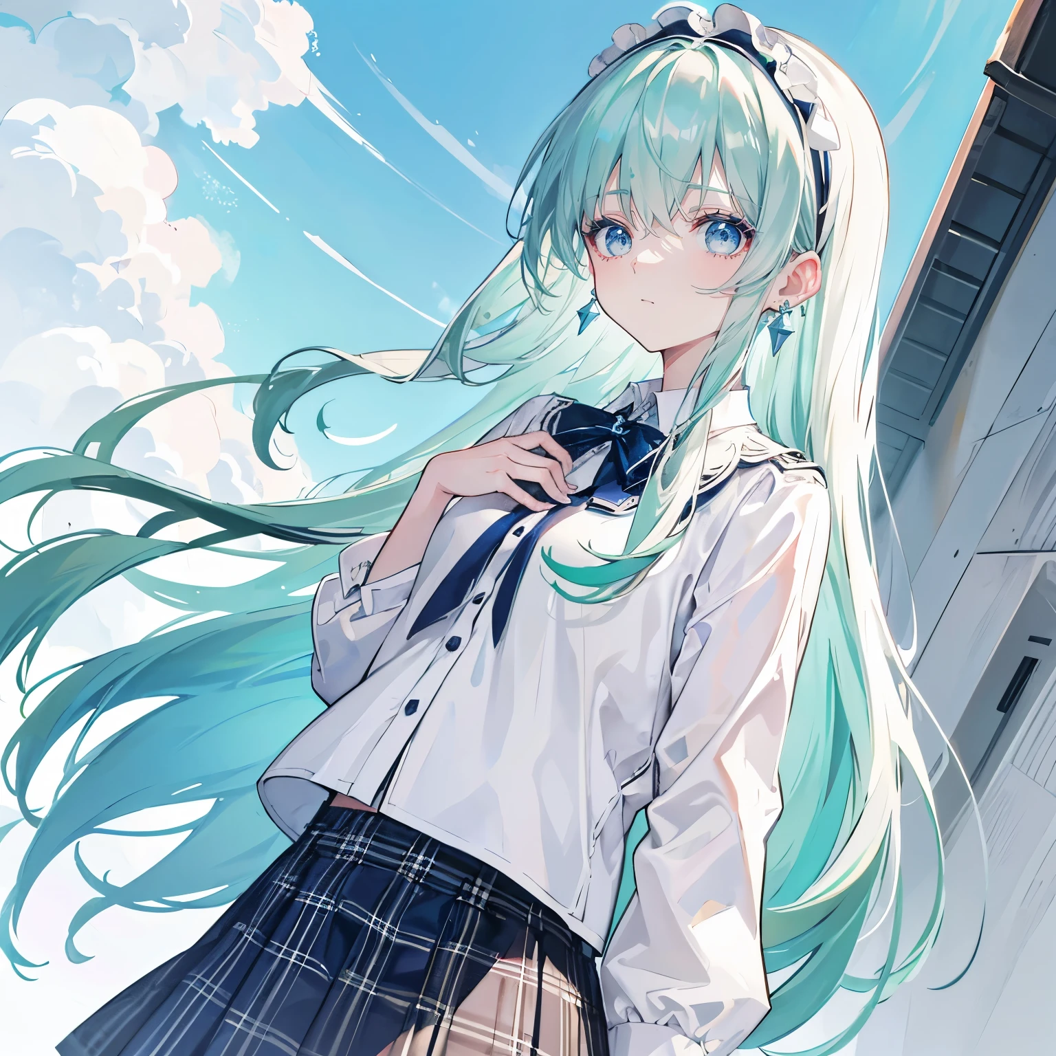 White color hair，long hair，Bangs，Bangs整齐，green hairband，gray eyes，girl，cute，The body is very thin，earring ，earrings， JK plaid skirt，The background is blue sky and white clouds