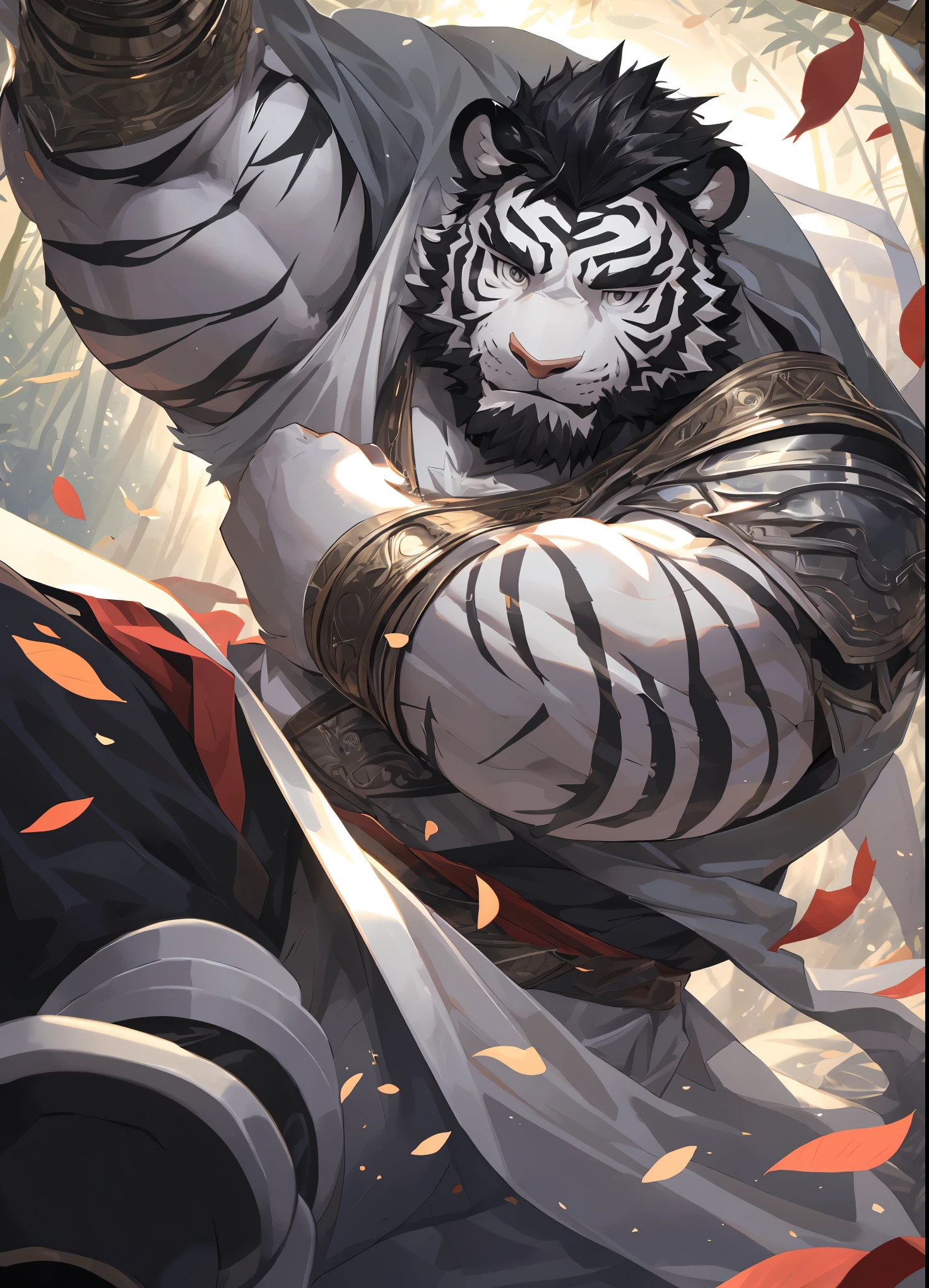 human nature((dramatic))epic, dynamic poses, dynamic angle, a scene in, Extreme perspective and powerful composition, Ridiculous, (super detailed), sharp focus, Genji, Eye, black Eye, hairy, white fur, Black and white fur, black beard, black hair，human nature (White Tiger), male, middle aged, white body, white belly, muscular, shy（blush 1.3），super detailed face, (delicate Eye), 1 boy, Bamboo forest background，（fallen leaves 1.2），Silver armor，gray robe，（disheveled 1.4），（1.2）motion blur, (best quality), (masterpiece), high detail, high quality, Award-winning, high resolution, HD, 16k
