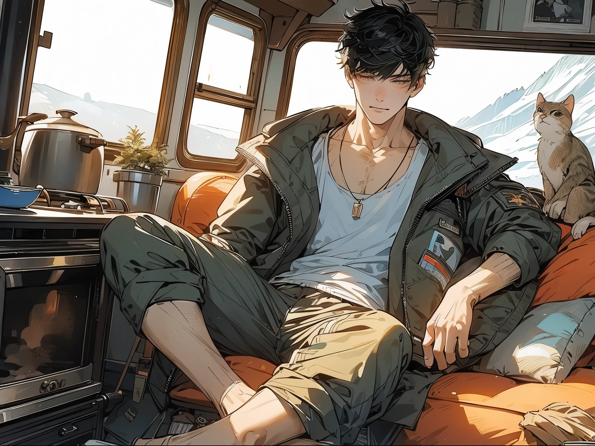 dramatic dutch angle、composition。illustration of trendy touch、pixiv、kawacy、anime picture、Anime painted flat color、cool colors、limited palette。beautiful coloring。tall handsome man。She looks like an athlete or model with her young and refreshing appearance.、Oversized military coat and relaxed wear、A camper made from a DIY school bus（skoolie）A young man and his cat are having a leisurely breakfast inside.。brooklyn style decor、industrial、Wood-burning stove、fabric cushion、blanket、Foliage plant。Outside the window is a snowy forest