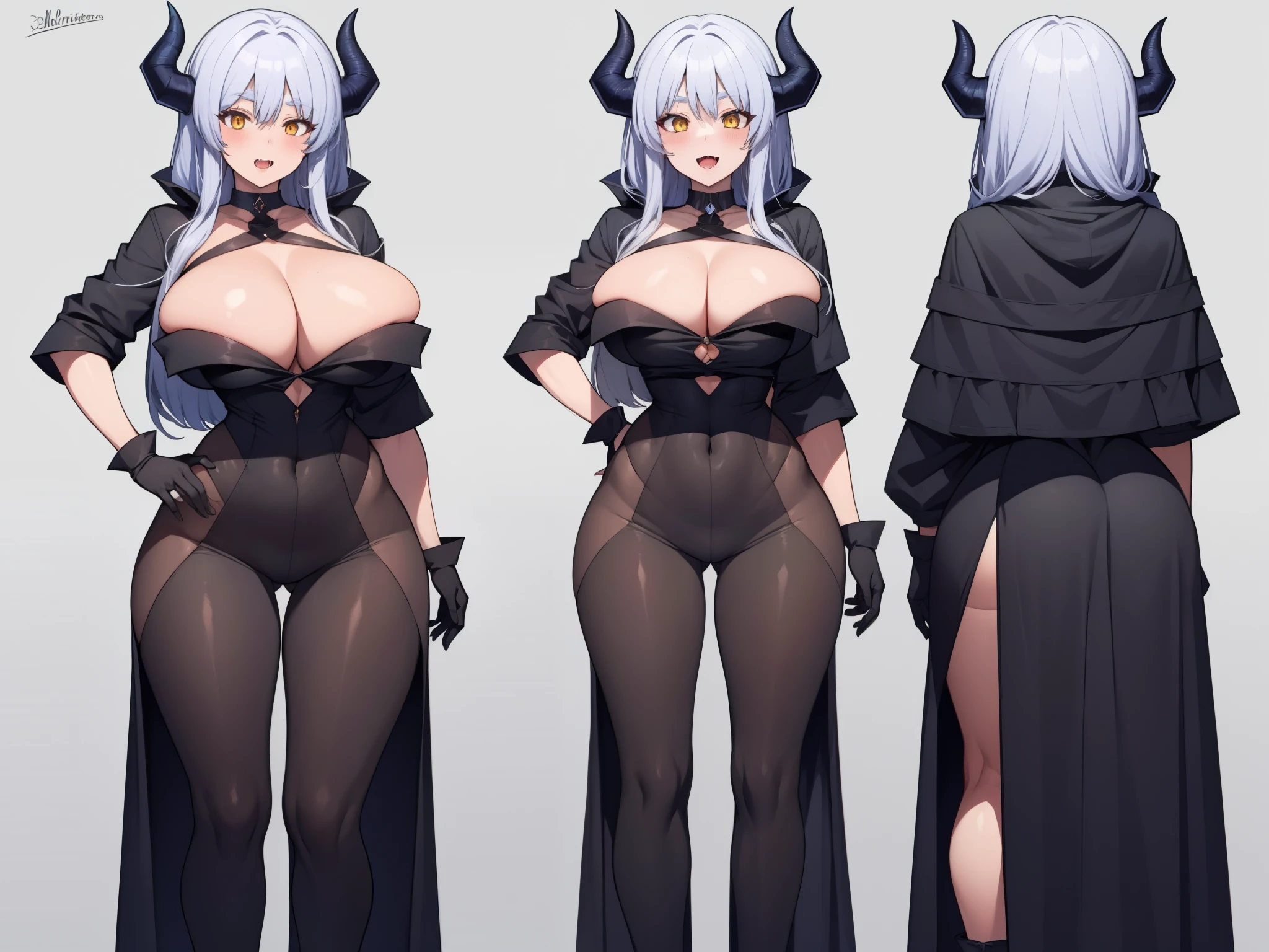 Demon woman, slim body, huge breasts, long legs, white hair, yellow eyes, horns, fangs, baggy clothes, high boots, gloves, 8k, hd, masterpiece, full body, white background, character sketch