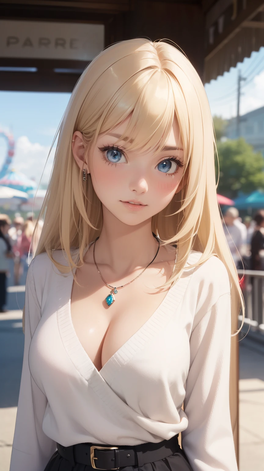 ((masterpiece, highest quality, High resolution, Hmm, RTX, perfect pixel, Depth of the bounds written, 4k, very detailed))), 1 girl, single, alone, beautiful anime girl, beautiful art style, anime character, ((long hair, parted bangs, middle part bangs, blonde hair)), ((blue eyes:1.4, round eyes, beautiful eyelashes, realistic eyes)), ((detailed face, blush:1.2)), ((smooth texture:0.75, realistic texture:0.65, realistic:1.1, Anime CG style, Bright colors)), ((medium breasts, cleavage:0.9, Big breasts)), dynamic angle, perfect body, ((throw, dynamic pose, close)), ((white sweater, long sleeve, black skirt, Women's Belts, Snazzy, single handbag, 1 Diamond Necklace)), open your mouth, embarrassing, amusement park