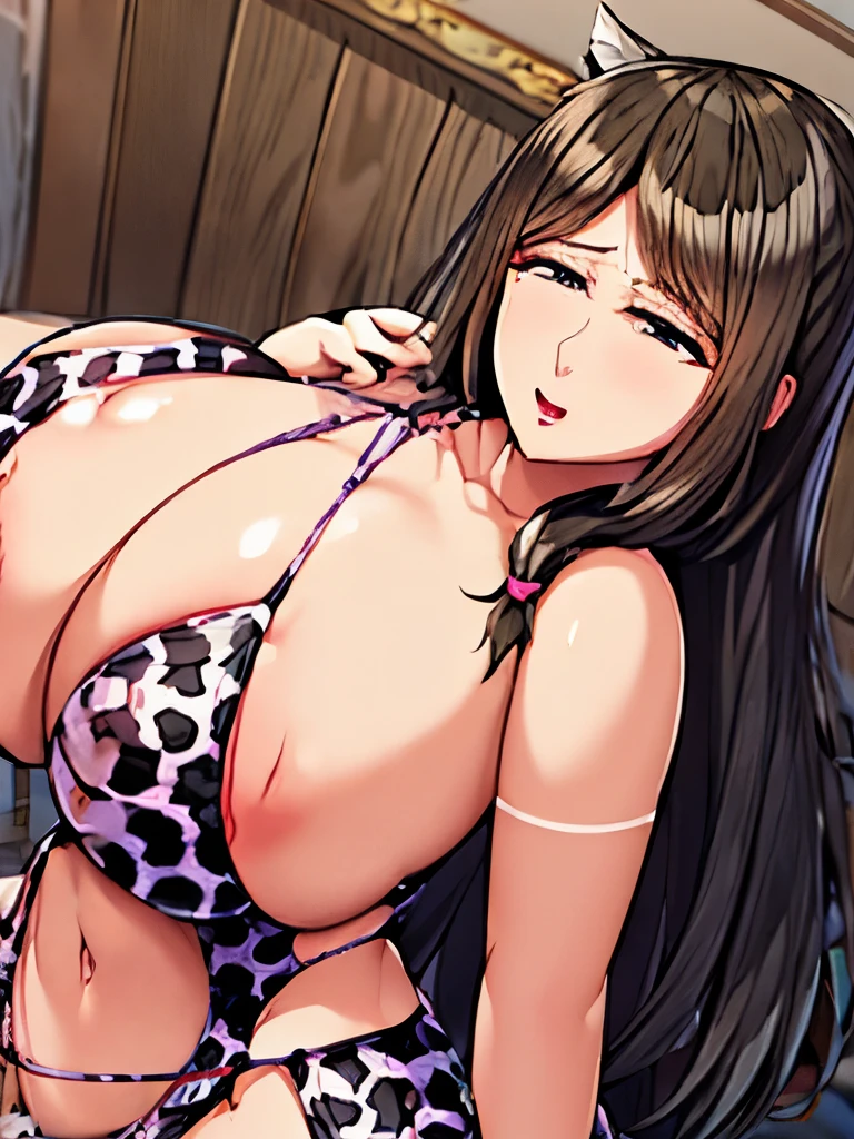 Erotic beautiful big breasted housewife NTR Seeding Aunt black and white cow pattern