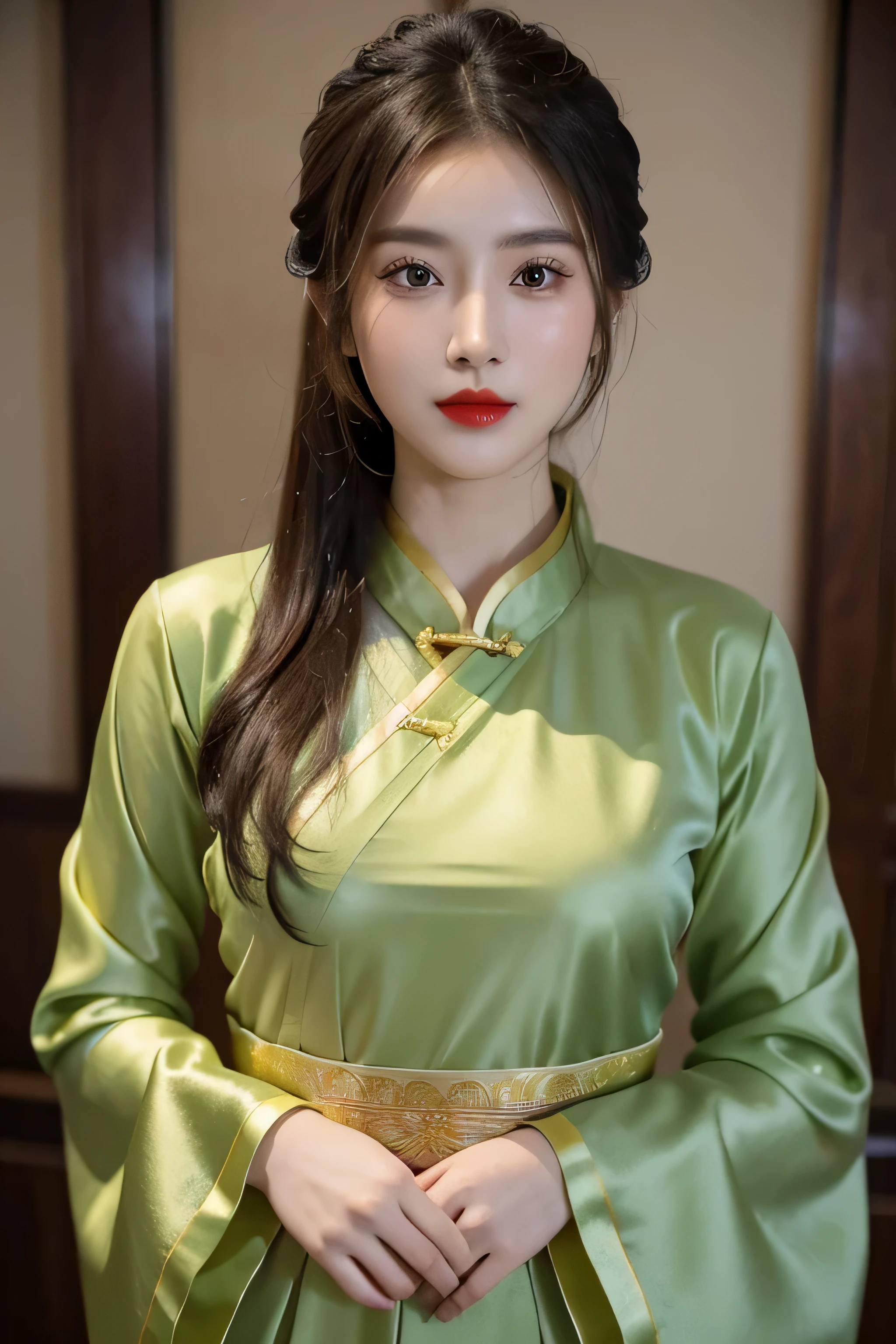 (close up,close up乳沟:1.2), Arakfi Asian woman,Wearing a green and gold dress, External,hot spring , girl wearing hanfu, Hanfu, cheongsam, Paired with ancient Chinese costumes, traditional beauty, Chinese traditional clothing, Wearing ancient Chinese clothing, Chinese style, cheongsam, Hanfu, Chinese traditional, Chinese girl, Wearing gorgeous silk clothes,red lips,(the only person)
