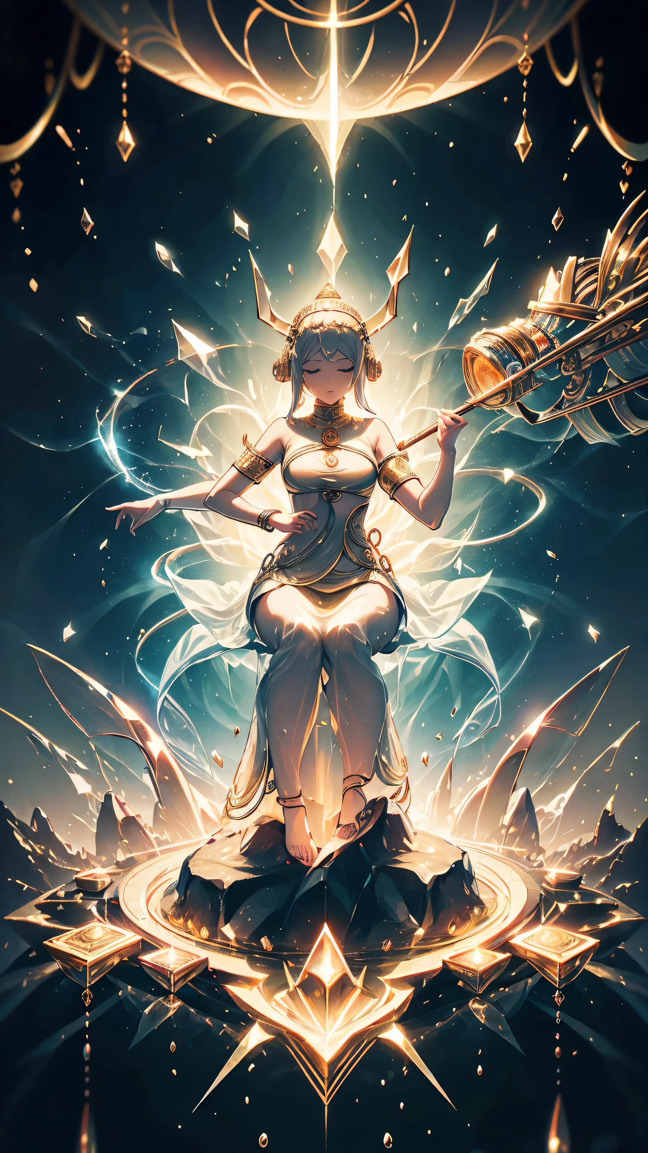 Women, Buddha Emperor's clothes, emperor's Buddha, Dao Ying and big symbols in the background, elegant, many Dao magic runes in the area effect, golden floor with Dao pattern drawings, One thousand Buddha Palm.HD lighting and dark )<=(epic image quality)dark atmosphere with bright particle light(many effects in background)
