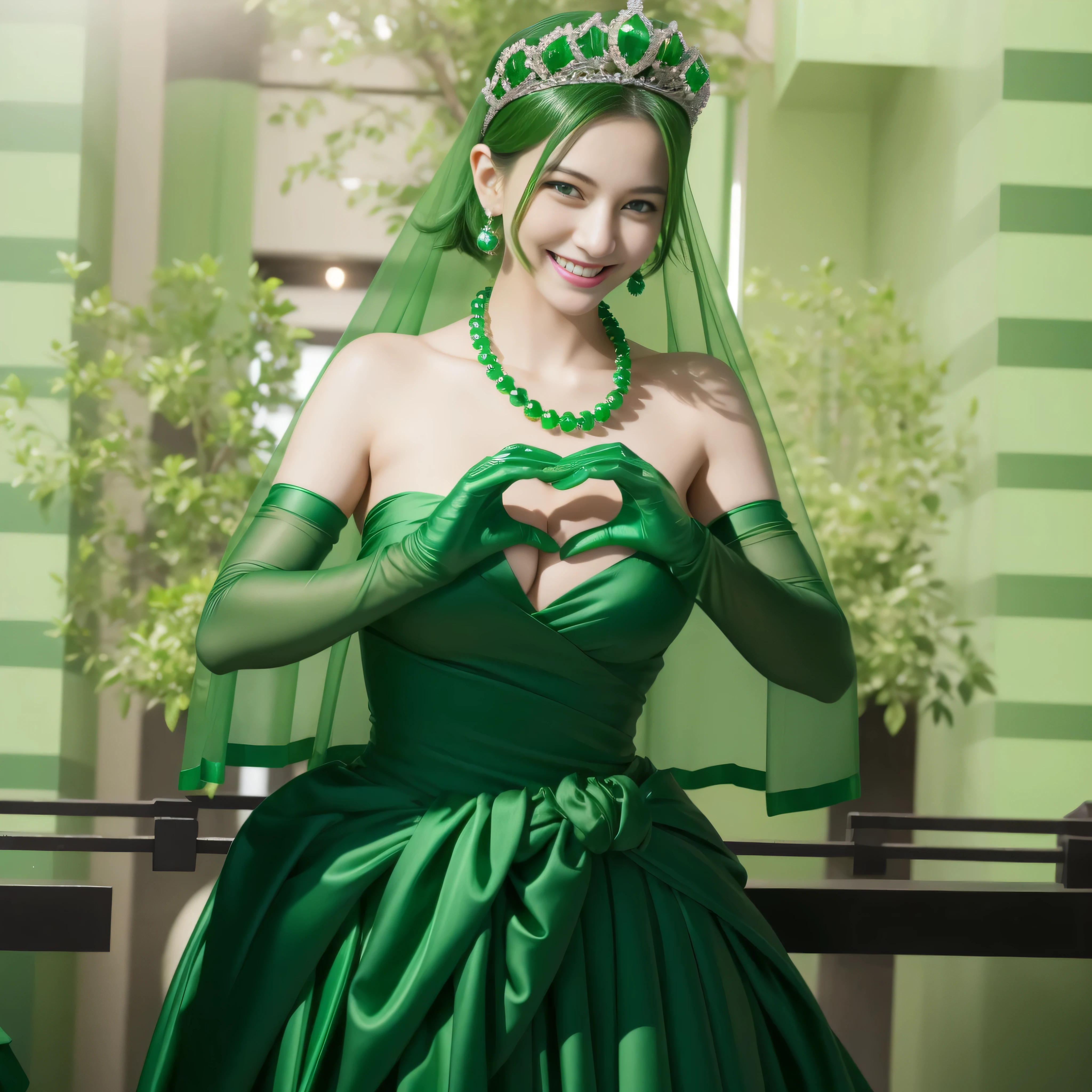 emerald tiara, Green Pearl Necklace, Boyish green berry short hair, lipstick, smiling Japanese woman, very short hair, big breasts beautiful, green eyes, green satin long gloves, green eyes, v sign, emerald earrings, Green veil, green lip gloss