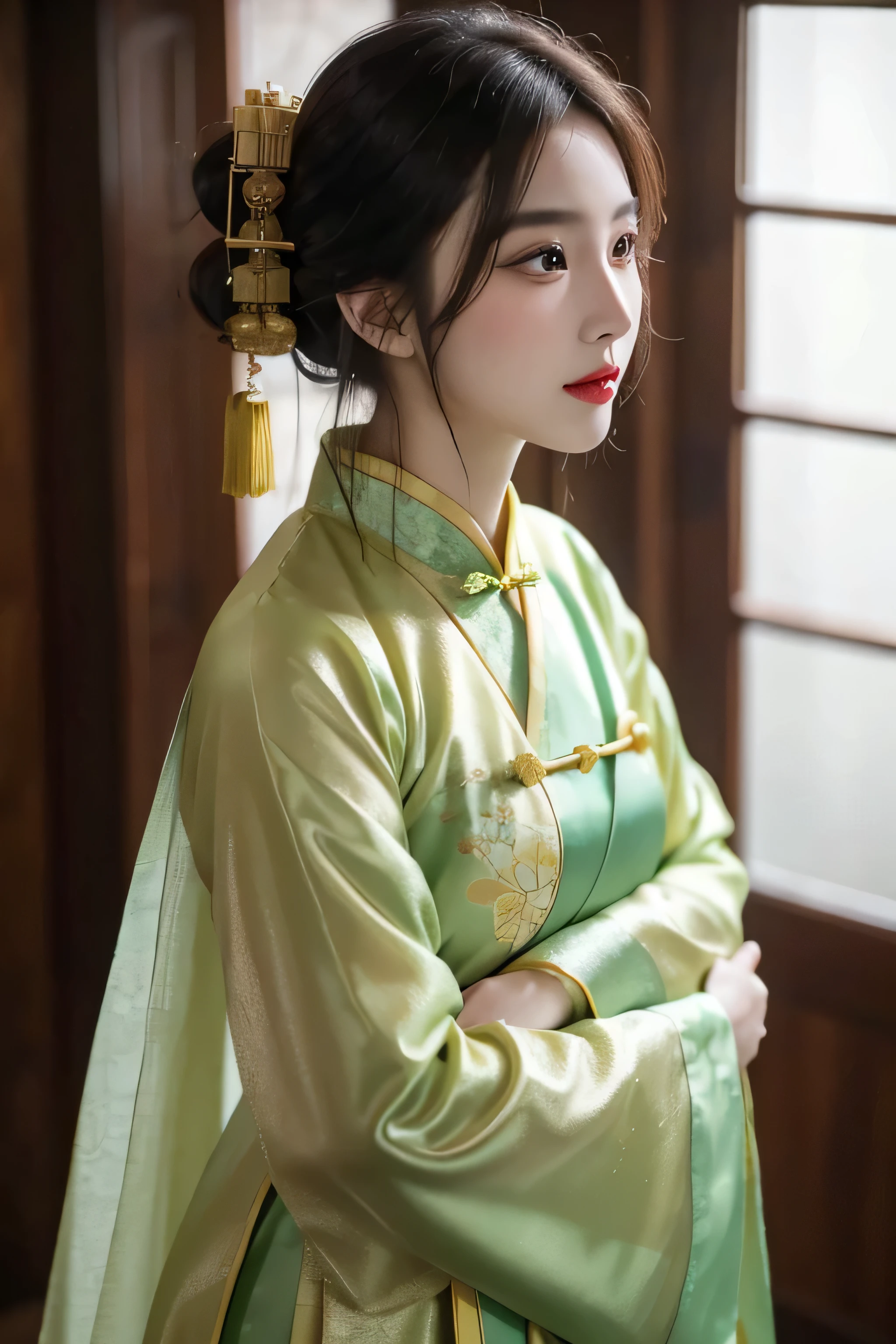 (Half body，close up，close up乳沟：1.2)，Arakfi Asian woman sitting on chair，Wearing a green and gold dress, (External,spa，Floral fragrance，grassy，snow） ， girl wearing hanfu, Hanfu, cheongsam, Paired with ancient Chinese costumes, traditional beauty, Chinese traditional clothing, Wearing ancient Chinese clothing, Chinese style, cheongsam, Hanfu, Chinese traditional, Chinese girl, Wearing gorgeous silk clothes，red lips,（the only person）