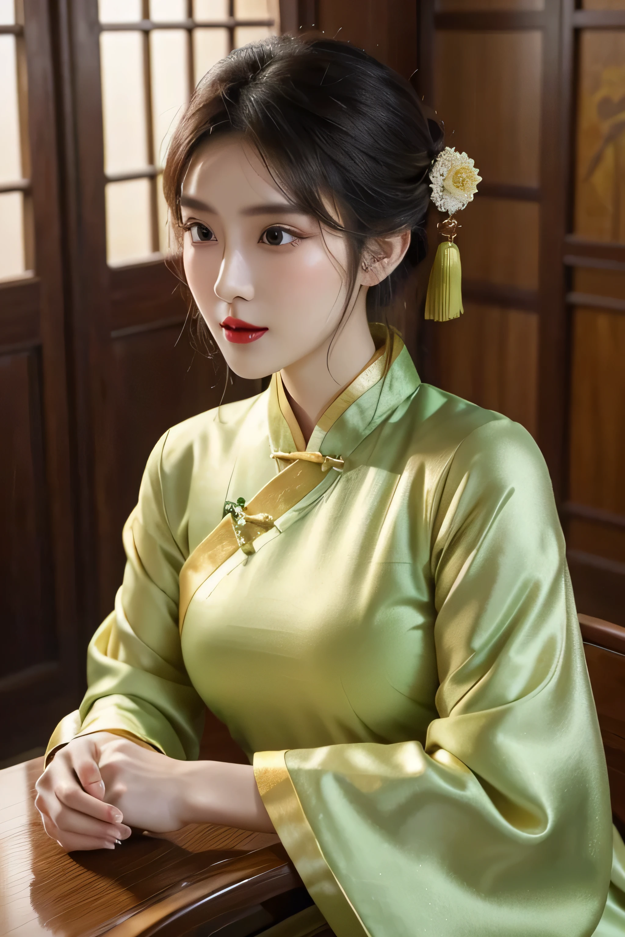 (close up,close up乳沟:1.2), Arakfi Asian woman,Wearing a green and gold dress, External,hot spring , girl wearing hanfu, Hanfu, cheongsam, Paired with ancient Chinese costumes, traditional beauty, Chinese traditional clothing, Wearing ancient Chinese clothing, Chinese style, cheongsam, Hanfu, Chinese traditional, Chinese girl, Wearing gorgeous silk clothes,red lips,(the only person)