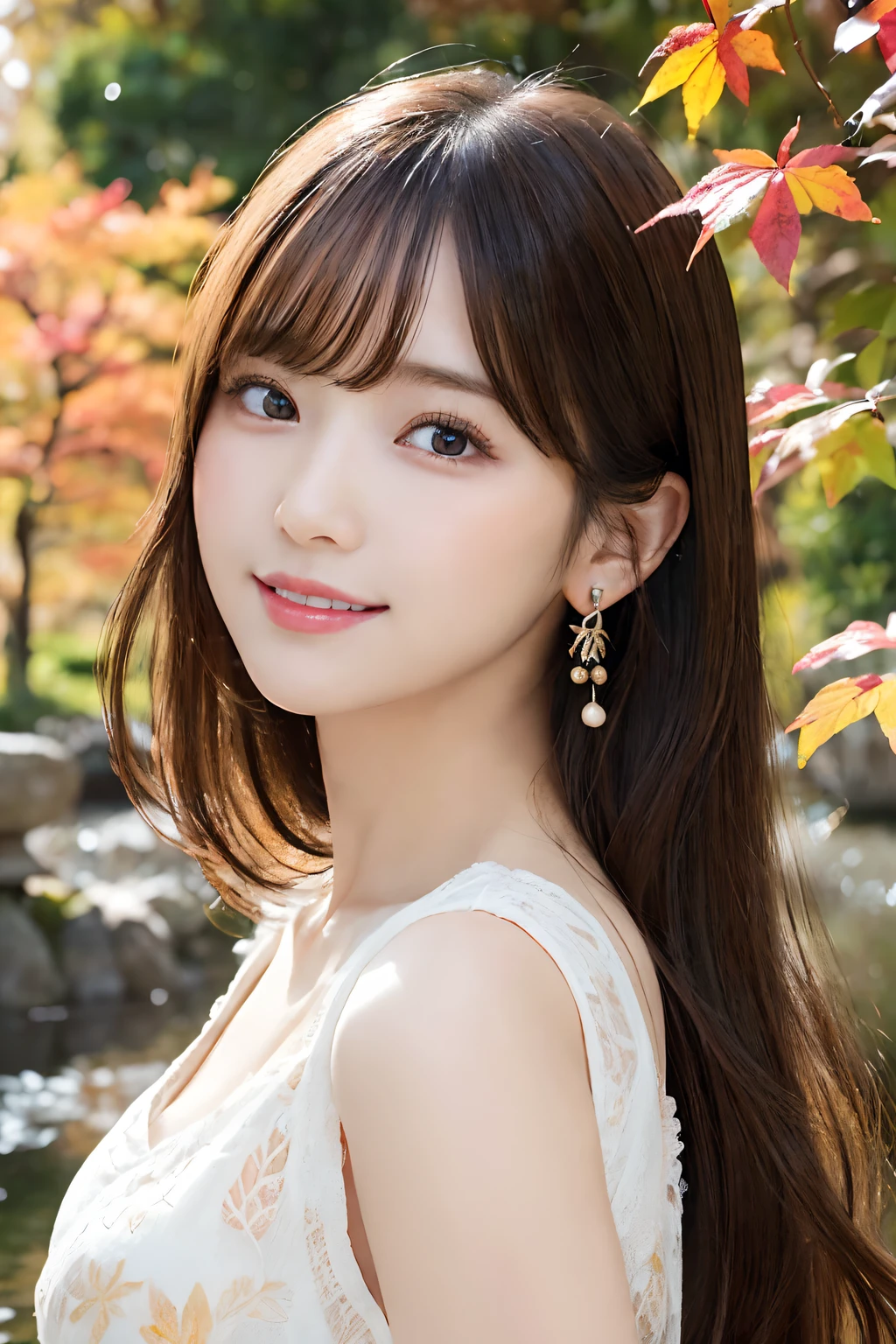 (A hyper-realistic), (illustratio), (hight resolution), (8K), (ighly detailed), (The best illustrations), (Beautiful detailed eyes), (top-quality), (ultra-detailliert), (​masterpiece), (wall-paper), (详细的脸), (beautiful smiling face)、(beautiful countenance)、long、Earrings with bangs、独奏、(((Cute Japan Beautiful Girl)))、  Japan beautiful girl 25 years old))、 ((Baby face))、(((G Cup Big)))agitation、real looking skin、Hair fluttering in the wind、date、autumnal、Colored leaves、Beautiful autumn background、Fall in love、Cute clothes