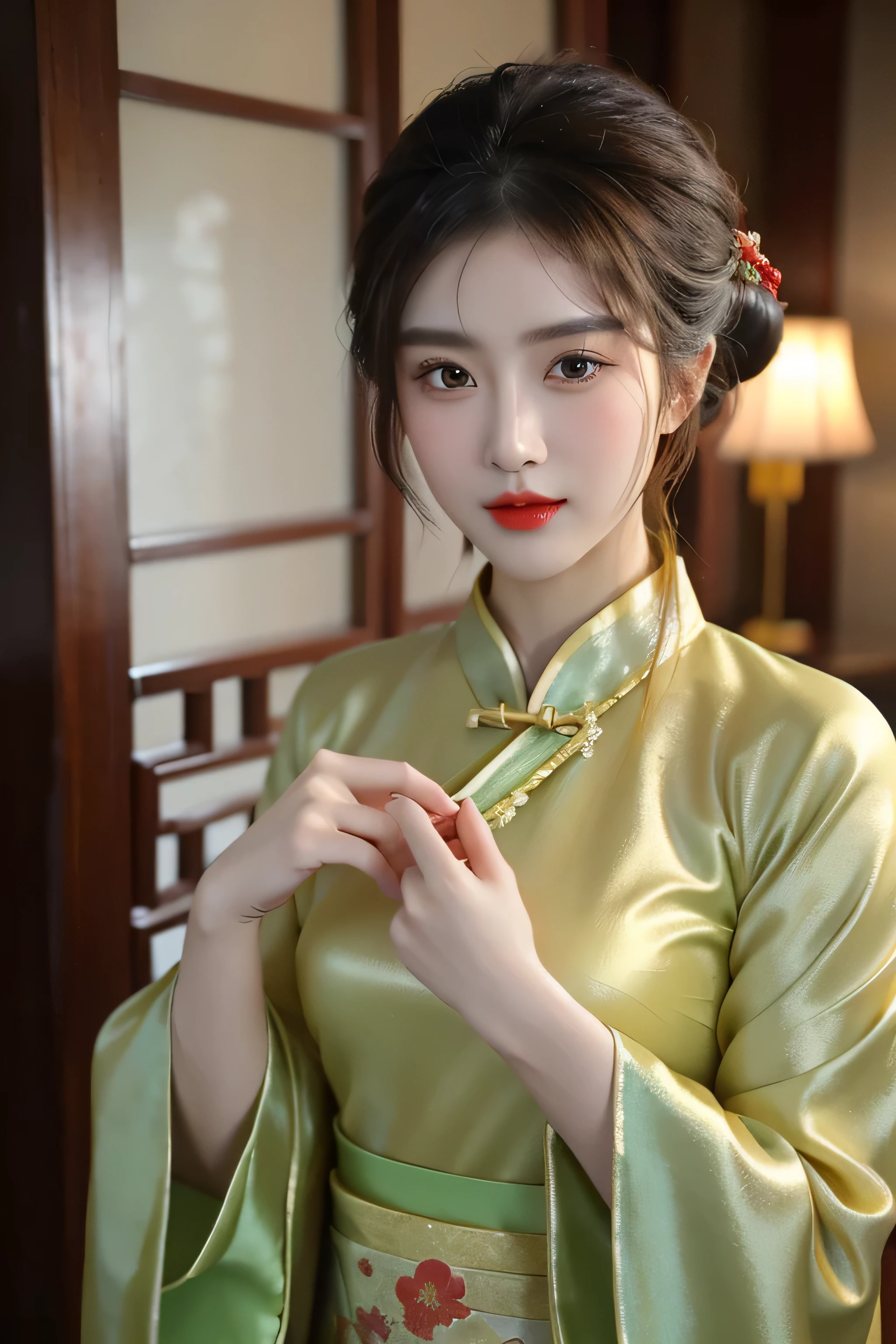 (close up，close up乳沟：1.2)， Arakfi Asian woman，Wearing a green and gold dress, (External,spa） ， girl wearing hanfu, Hanfu, cheongsam, Paired with ancient Chinese costumes, traditional beauty, Chinese traditional clothing, Wearing ancient Chinese clothing, Chinese style, cheongsam, Hanfu, Chinese traditional, Chinese girl, Wearing gorgeous silk clothes，red lips,（the only person）