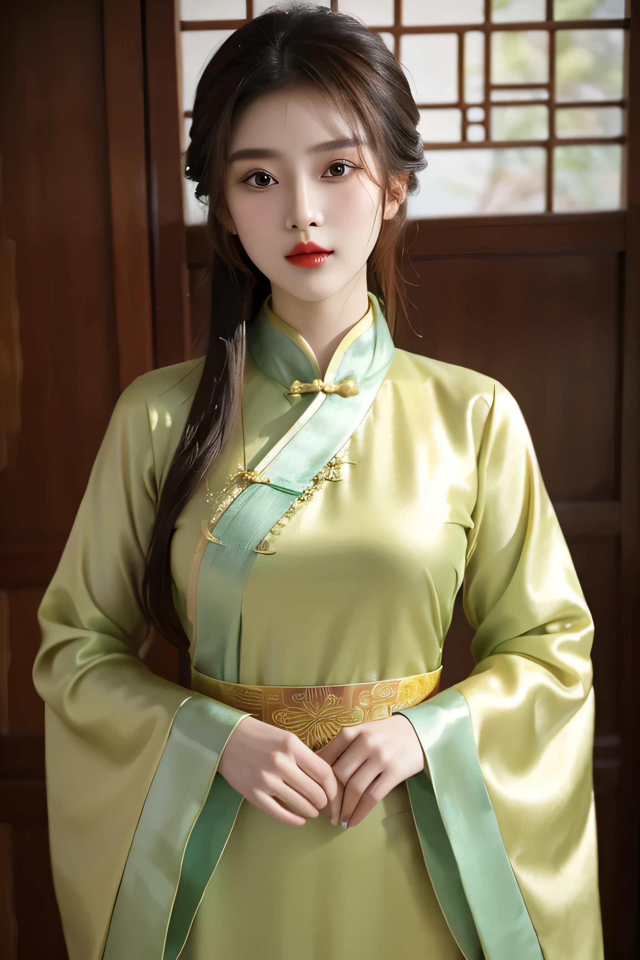(close up,close up乳沟:1.2), Arakfi Asian woman,Wearing a green and gold dress, (External,spa) , girl wearing hanfu, Hanfu, cheongsam, Paired with ancient Chinese costumes, traditional beauty, Chinese traditional clothing, Wearing ancient Chinese clothing, Chinese style, cheongsam, Hanfu, Chinese traditional, Chinese girl, Wearing gorgeous silk clothes,red lips,(the only person)