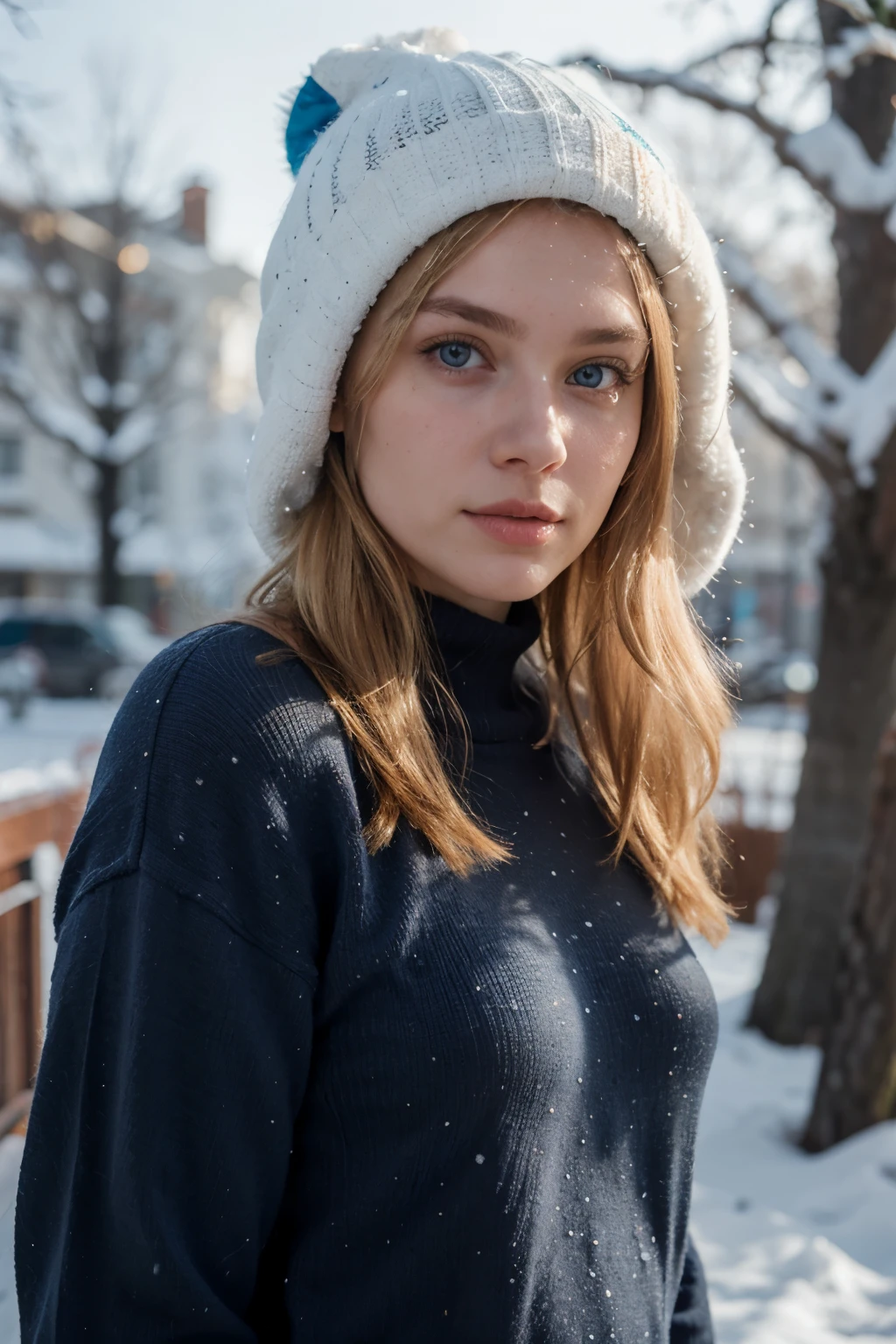 Extremely realistic blonde Russian girl with blonde hair and blue eyes, wearing a blue jumper, blue winter hat, entire body, looking at the camera