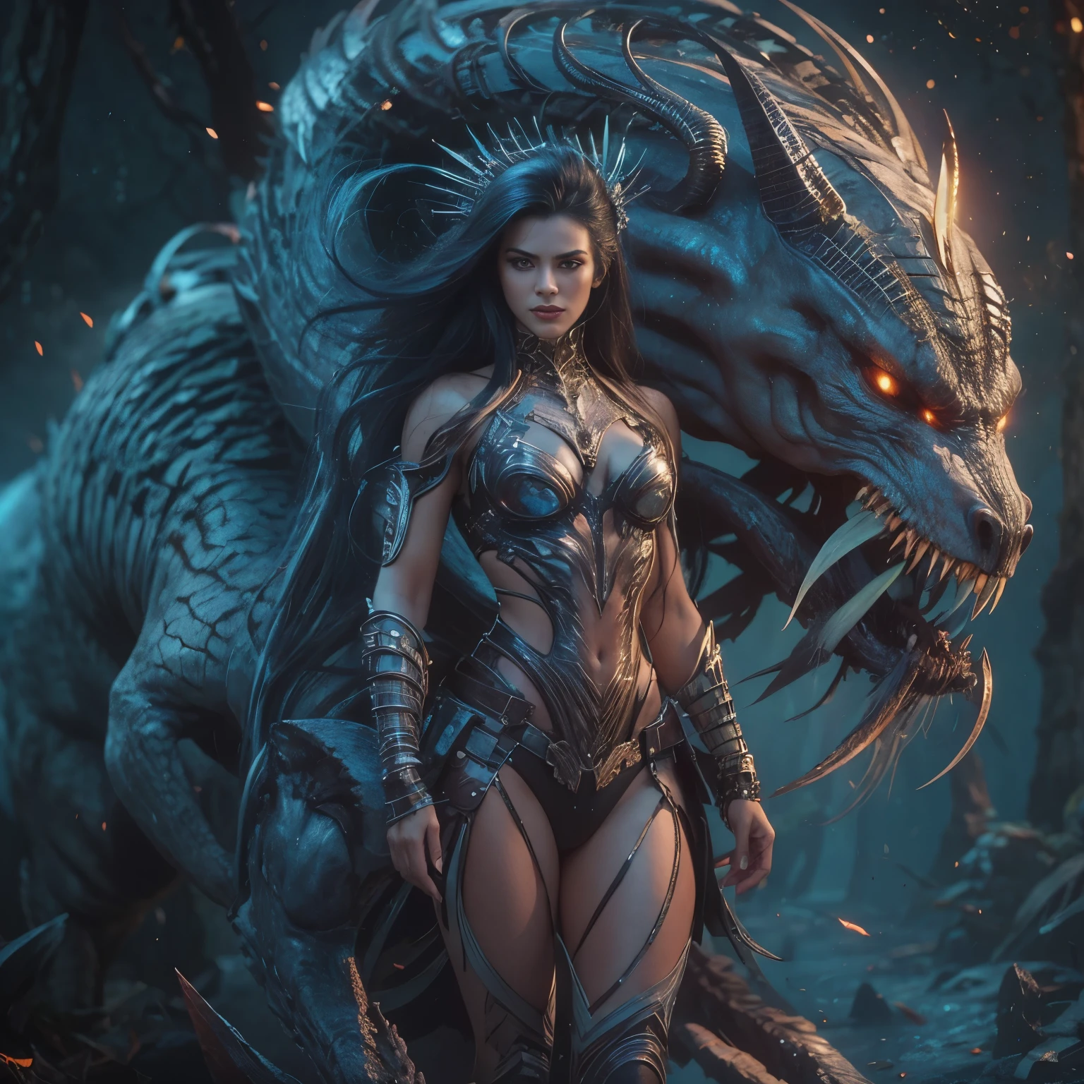 1 female alien, The predator, warrior, (extremely beautiful:1.2), (intense gaze:1.4), (predator:1.1), long dark claws, NSFW,  nipples, thick eyebrows, glowing and shining sky blue eyes, the most beautiful face in the universe, black hair,

A woman with an extremely beautiful face, her intense gaze fixed on her prey, a primal force that could not be denied.

(extreamly beautiful lean body:1.5), (ultra muscular build:1.2), (prowling:1.3), (sleek movements:1.4),

Her beautiful body, muscular and toned, moved with sleek grace as she prowled, ready to strike at a moment's notice. The predator within her was always on