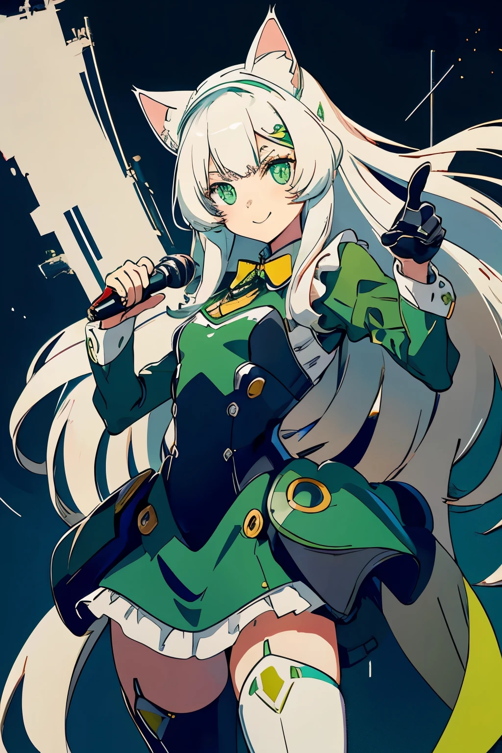 1 Cat-eared maid wearing a mecha suit, Slender fuselage,shining eyes, ((cool pointing pose)),((I have a karaoke microphone)),camouflage, green and white body,((cat ears long hair)),battlefield concept art ,ink art, flat color, high contrast, Fashion absurdity, highest quality, negative space,Against the background of blue sky and white clouds,With a big smile,