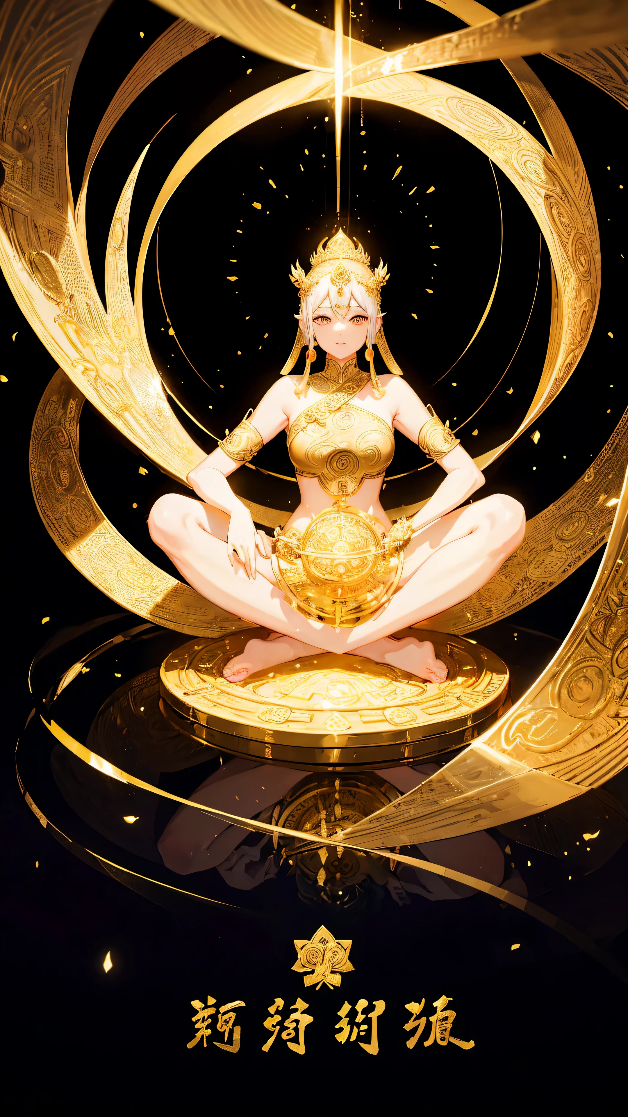Women, Buddha Emperor's clothes, emperor's Buddha, Dao Ying and big symbols in the background, elegant, many Dao magic runes in the area effect, golden floor with Dao pattern drawings, One thousand Buddha Palm.HD lighting and dark )<=(epic image quality)dark atmosphere with bright particle light(many effects in background)