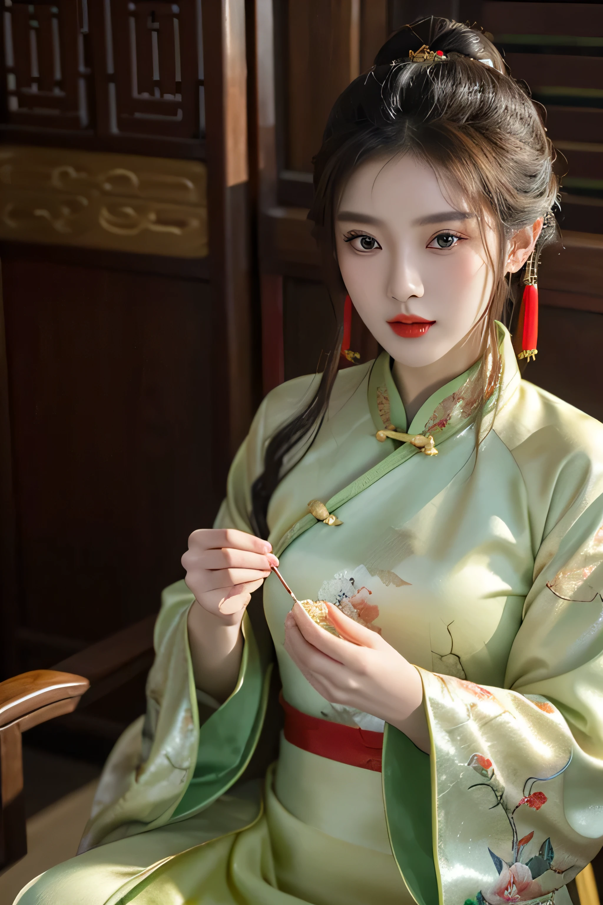 (Half body，close up，close up乳沟：1.2)，Arakfi Asian woman sitting on chair，Wearing a green and gold dress, (External,spa，Floral fragrance，grassy，snow） ， girl wearing hanfu, Hanfu, cheongsam, Paired with ancient Chinese costumes, traditional beauty, Chinese traditional clothing, Wearing ancient Chinese clothing, Chinese style, cheongsam, Hanfu, Chinese traditional, Chinese girl, Wearing gorgeous silk clothes，red lips,（the only person）