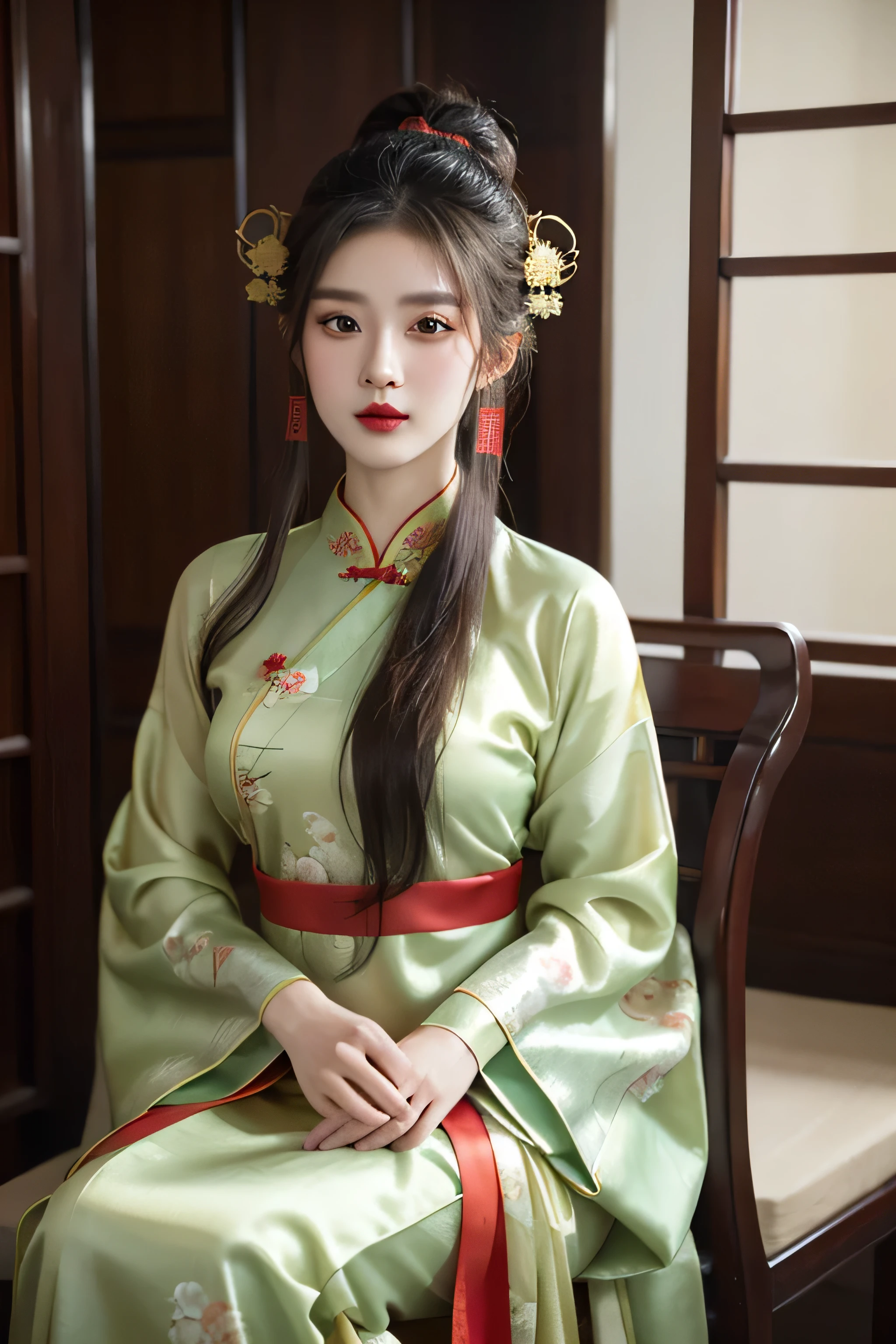 (Half body,close up,close up乳沟:1.2),Arakfi Asian woman sitting on chair,Wearing a green and gold dress, (External,spa,Floral fragrance,grassy,snow) , girl wearing hanfu, Hanfu, cheongsam, Paired with ancient Chinese costumes, traditional beauty, Chinese traditional clothing, Wearing ancient Chinese clothing, Chinese style, cheongsam, Hanfu, Chinese traditional, Chinese girl, Wearing gorgeous silk clothes,red lips,(the only person)
