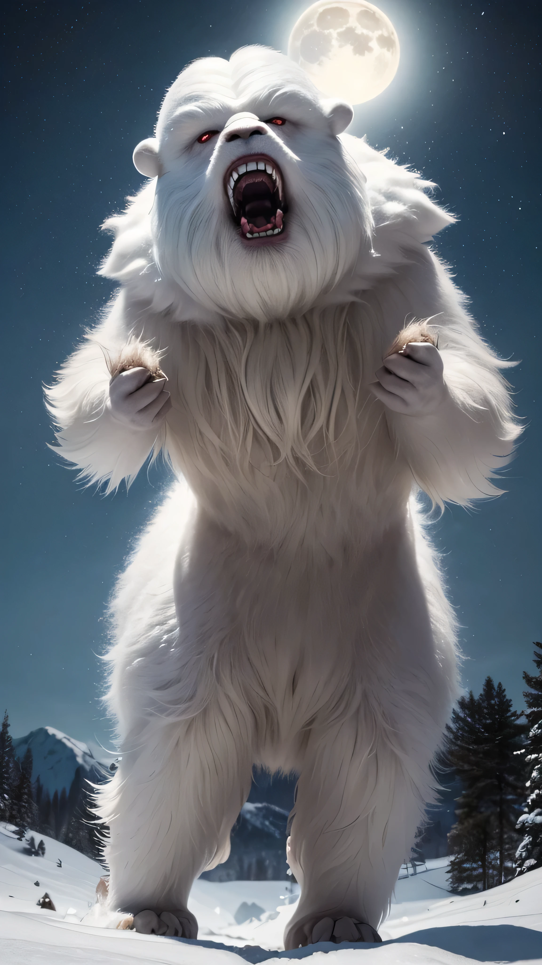 huge angry vicious wampa, teeth and tongue, dynamic running pose, hungry, photorealistic, fujifilm, glowing eyes