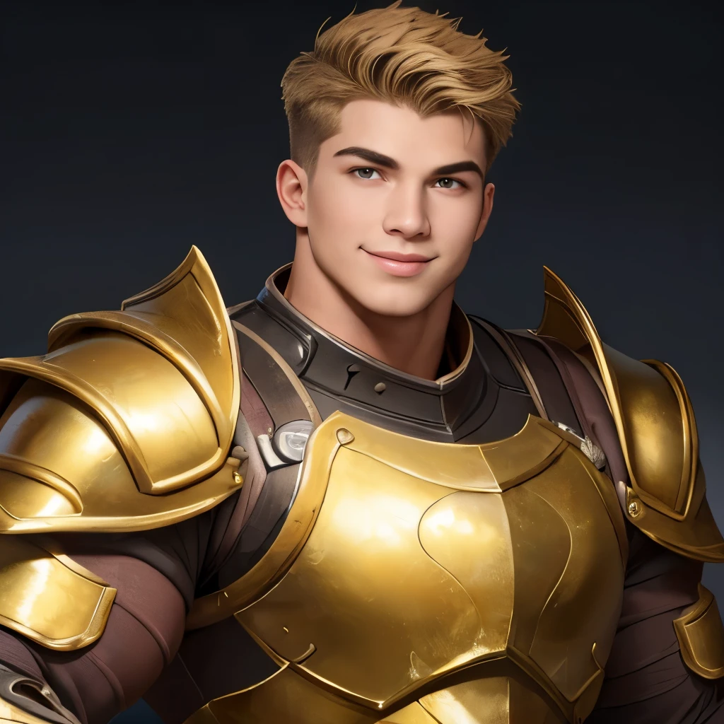 (highest quality:1.5), (masterpiece:1.5), (simple background:1.2), (macho:1.2), (huge body:1.1), gold short hair, hot guy, 25 years old, iron armor, (shoot from front:1.5), looking at the camera, smile, close-up face