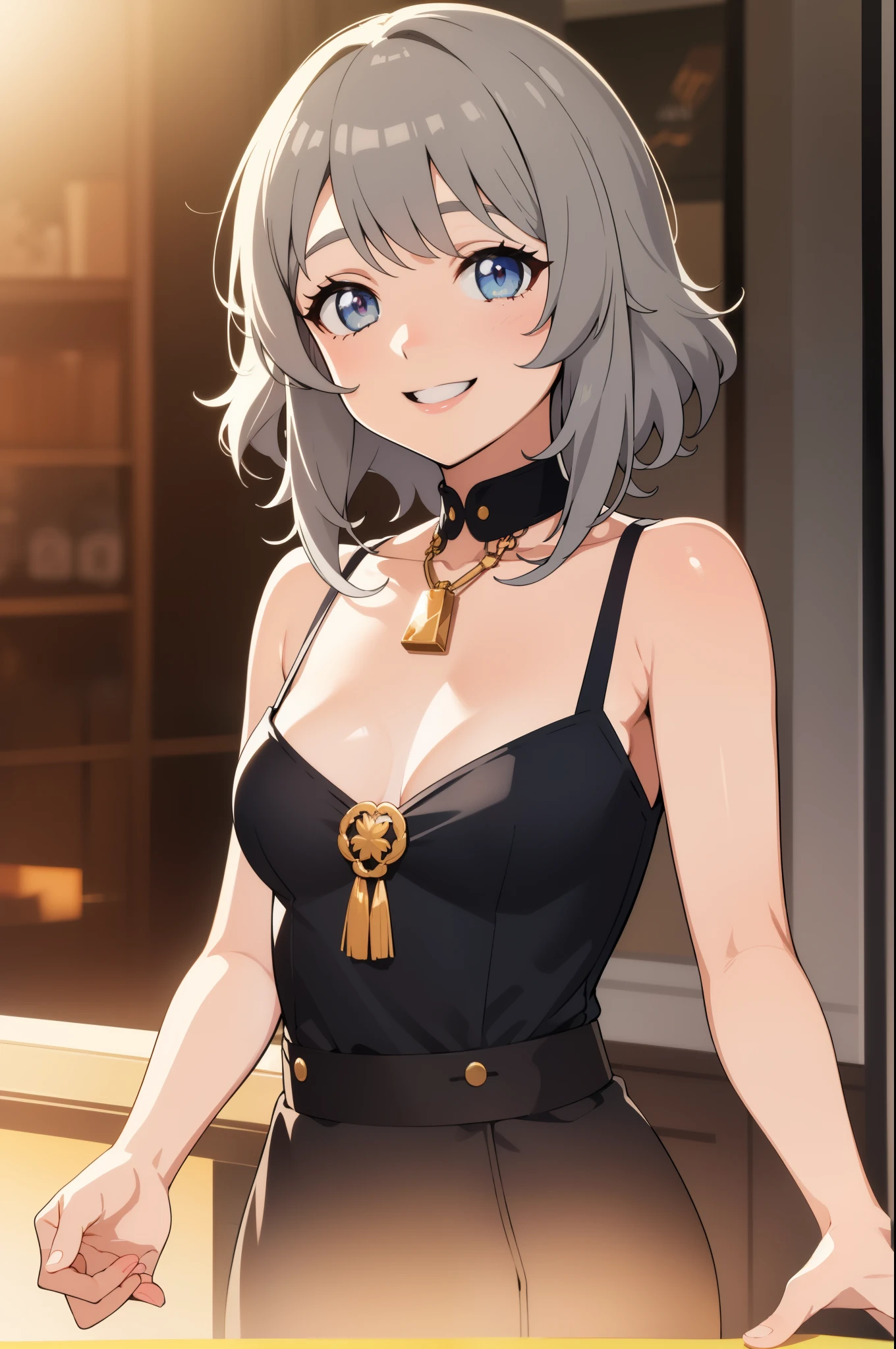 realistic, Golden hour lighting, virtual youtuber costume, (Upper body), (Charming: 1), (alternative hair style:1.2),(gray hair color), ((Puffy eyes)), Facing forward, Smiling, Laughing,Middle chest,