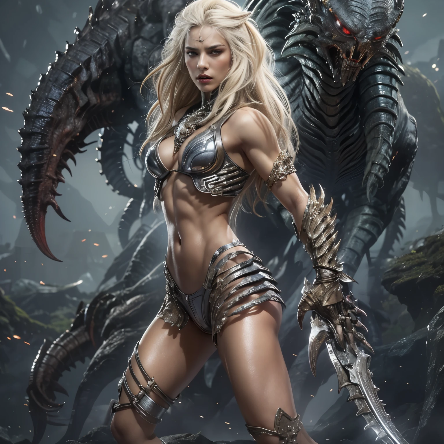 1 female alien, The predator, warrior, (extremely beautiful:1.2), (intense gaze:1.6), (predator:1.6), long dark claws, NSFW,  nipples, thick eyebrows, glowing and shining れｄ eyes, the most beautiful face in the universe, silver blonde hair,
A woman with an extremely beautiful face, her intense gaze fixed on her prey, a primal force that could not be denied.

(extreamly beautiful lean body:1.5), (ultra muscular build:1.2), (prowling:1.3), (sleek movements:1.4),

Her beautiful body, muscular and toned, moved with sleek grace as she prowled, ready to strike at a moment's notice. The predator within her was always on