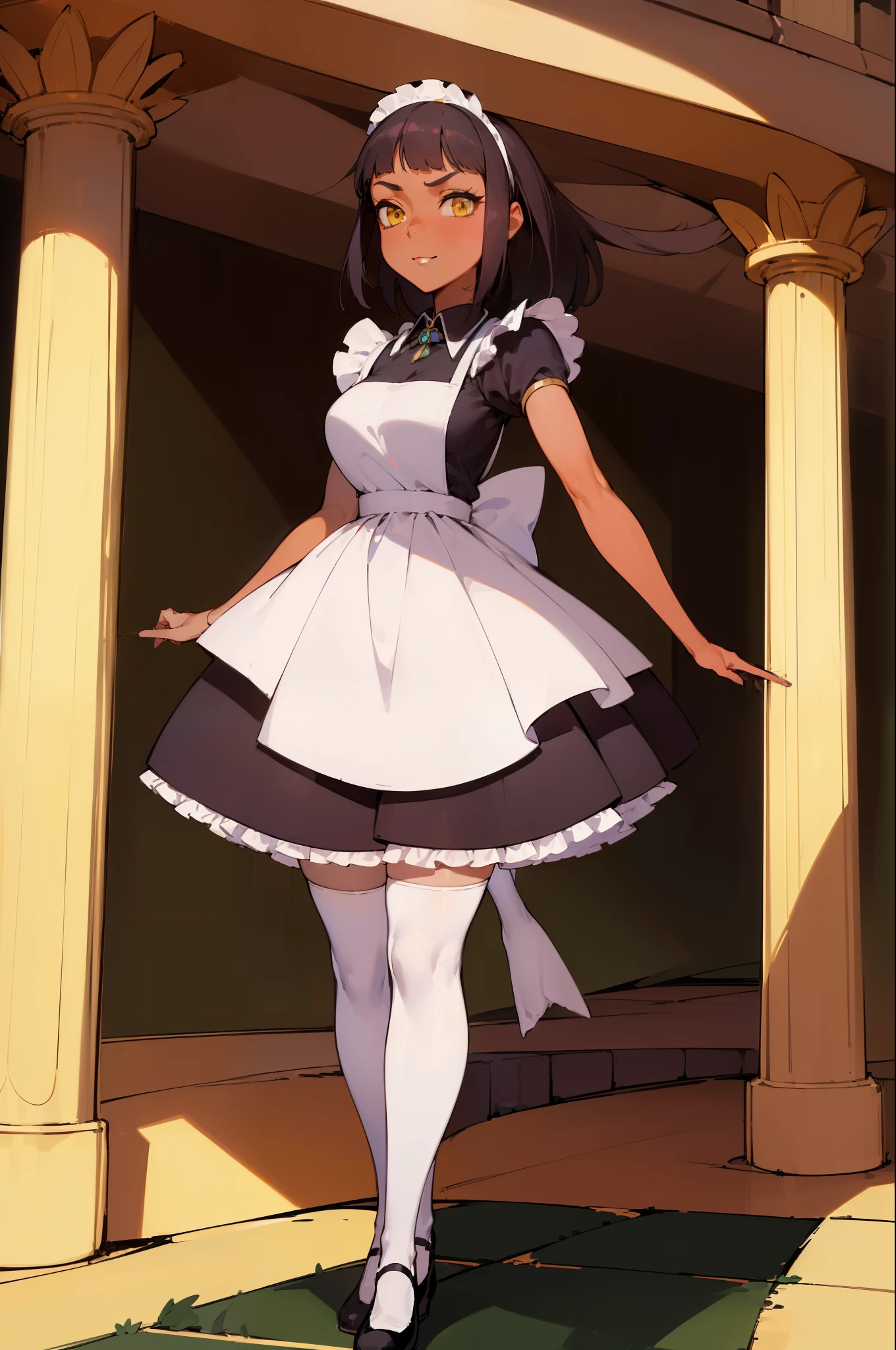 (masterpiece:1.4), (best qualit:1.4), (high resolution:1.4), Osira, black dress, white apron, black hairband, Victorian bloomers, white thigh highs, smile, looking at viewer, legend of queen opala, 1girl, osira (character), black hair, darkskinned female, yellow eyes, blunt bangs, big breasts, annoyed expression, looking at viewer