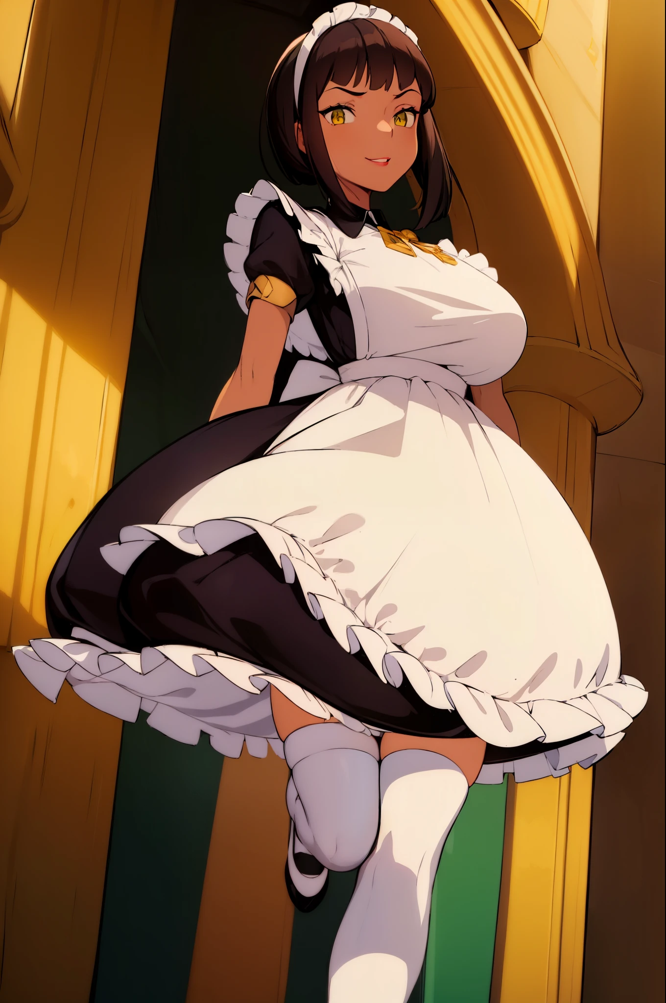 (masterpiece:1.4), (best qualit:1.4), (high resolution:1.4), Osira, black dress, white apron, black hairband, Victorian bloomers, white thigh highs, smile, looking at viewer, legend of queen opala, 1girl, osira (character), black hair, darkskinned female, yellow eyes, blunt bangs, big breasts, annoyed expression, looking at viewer