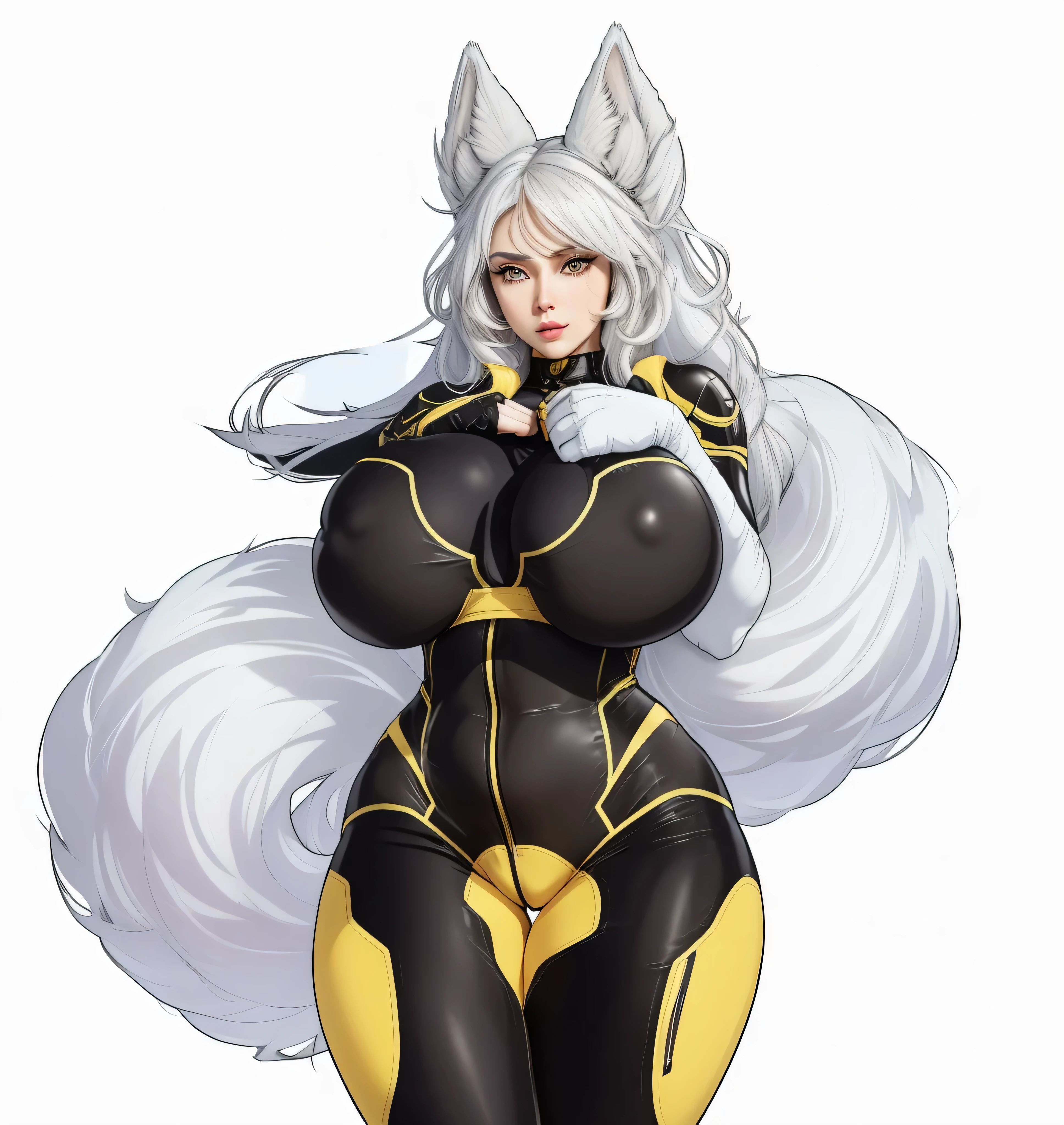 six-foot-tall ausar girl with long, snow-white hair and a pair of huge, perky wolf ears perched atop her head. Though she is distinctly humanoid in face and form, the silky fur on her arms and legs, along with the swishing, bushy tail, give her a playfully alien appearance, more like a perky little puppy than a fearsome predator. She’s wearing the distinctive Steele Tech field uniform: an ultra-sheer black and yellow catsuit that hugs her frame and accentuates her curves in all the right places, supporting her ample bust so that it looks almost impossibly perky for its size. Thanks to the catsuit, you can see the full expanse of her fleshy body: a big, bouncy butt only barely hidden by her tail, a sizable rack, and a pair of long, toned legs.
Anno has a pair of full DD-cup breasts, big and bouncy and oh so soft, each tipped with a big, sensitive nipple that’s perfect to tug and squeeze.