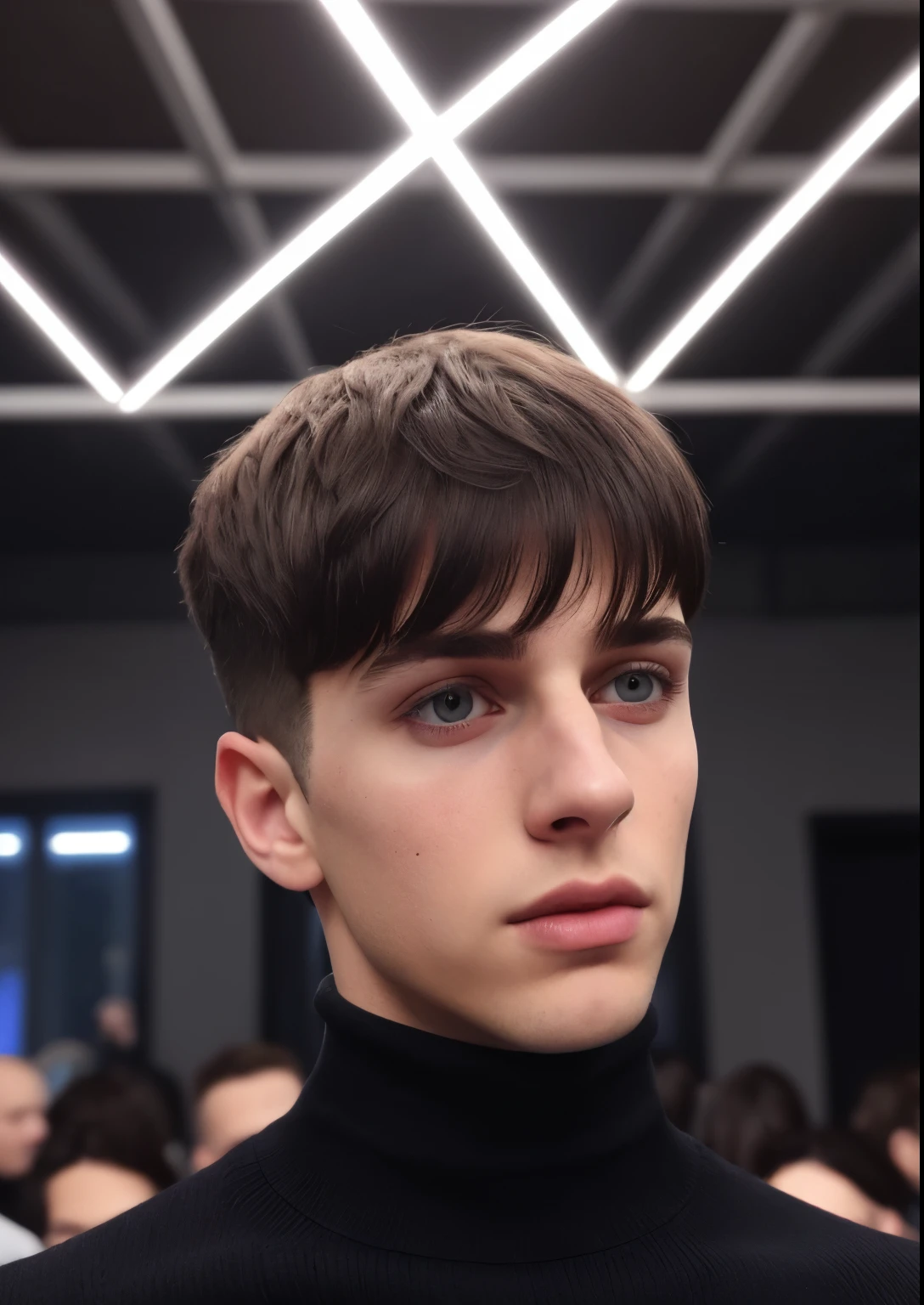taken with iphone camera , 0.5 lens medium shot selfie of handsome boy, medium straight hair on top, no hair on sides, fringe hairstyle, ultra high res, 4k quality, ultra detailed, wearing black turtle neck, indoor environment, at party with purple lighting