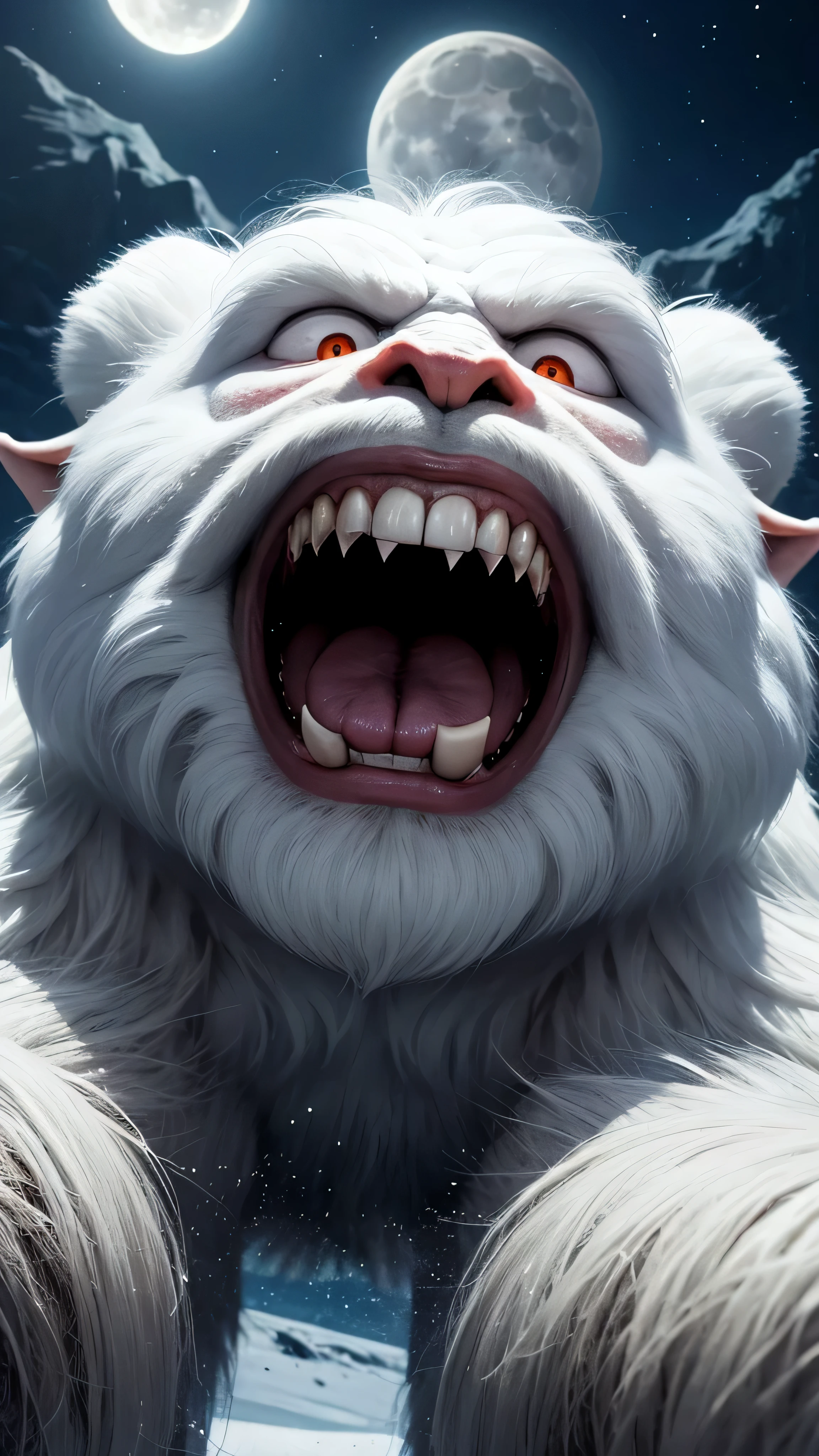 huge angry vicious wampa, teeth and tongue, dynamic running pose, hungry, photorealistic, fujifilm, glowing eyes