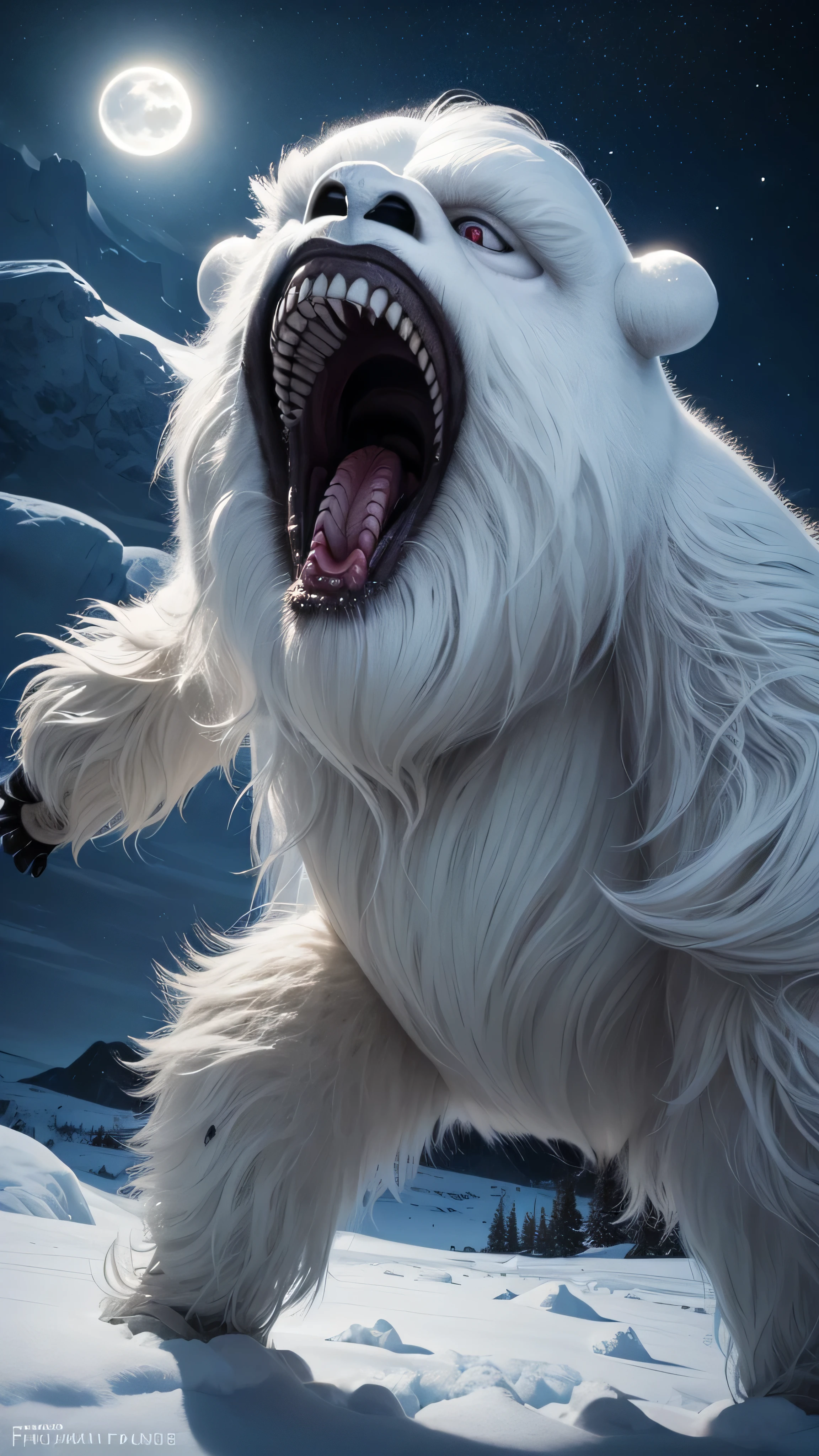 huge angry vicious wampa, teeth and tongue, dynamic running pose, hungry, photorealistic, fujifilm, glowing eyes