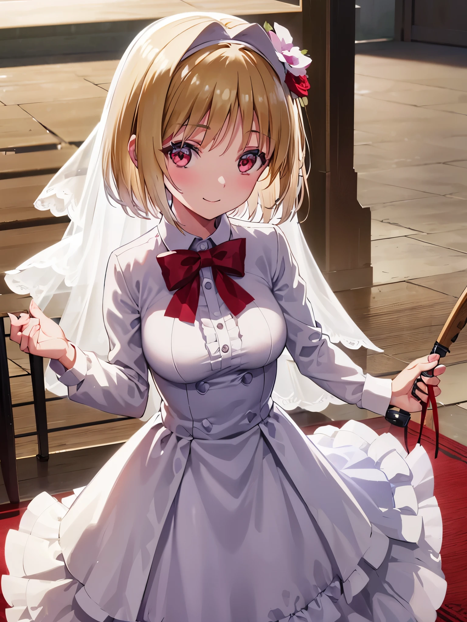 It's scary, Kushida Platycodon, short hair, blonde hair, (red eyes:1.3), hair band, hair intake, smile,
breaking looking at viewer, (cowboy shot:1.5),
cowboy shot, 1 girl、one girl, High resolution,masterpiece,highest quality, ,1 girl, alone, hair flower, wedding d again ss, holding a bouquet in hand, Chacha, church, white bridal veil, Wedding dress, wedding style, whole body, exposed, put out one's shoulders, show your skin, white dress , open your mouth and laugh, smile, close one eye