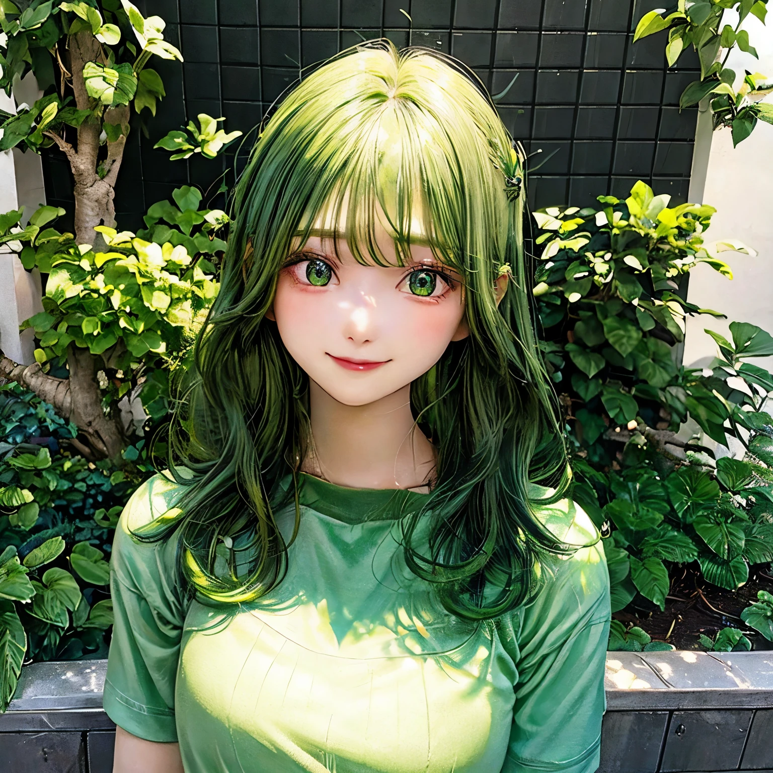 a beautiful woman with green hair with beautiful green eyes and a sweet smile, she wears a green t-shirt