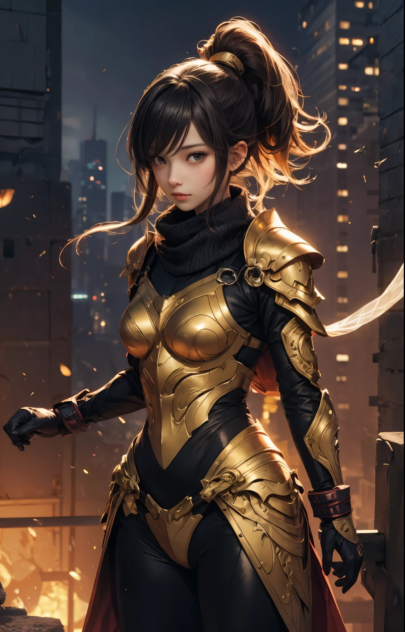 ((Highly accurate drawing in every detail)Extremely precise depiction)[High resolution],(detailed illustrations,とてもfineで緻密な描画,Delicate drawn lines with tempo,Realistic texture expression),[color traced main line],[Shinjuku background at night],(ANIME) (NINJAGirl (beautiful) ) muscular [slim body] short bob cut,([wasp] Orange Ninja Battle Armor) scarf [Stall] ((Fitting rubber inner) [honeycomb] [edge]) hair ornaments (Dull metallic luster:0.8),gravure [KUNOICHI],[high contrast:0.6],(複雑でbeautiful装飾 [Dense detail]),(きめ細やかでbeautiful肌表現 [transparency]),((Precisely drawn eyes))[完璧な目のdetailed((宝石のようなbeautiful瞳)Iris drawn in precise detail)[clearly drawn pupils]],[eye light[Pinpoint lighting for the eyes]],[長くてbeautiful睫毛],[precisely drawn hair [美しく艷やかな髪のdetailed]],(完璧な手のdetailed [Fingers without breakdown [beautiful nails]]),(perfect anatomy(perfectly balanced proportions))[[full body portrait]],[[Highly constructed design]][ideal color coordination(Accurate simulation of light and material interactions)],([precision detail](detailed,高fine)),[Visual art that tells a story],((highest quality)fine[[High density drawing]])(4K quality).