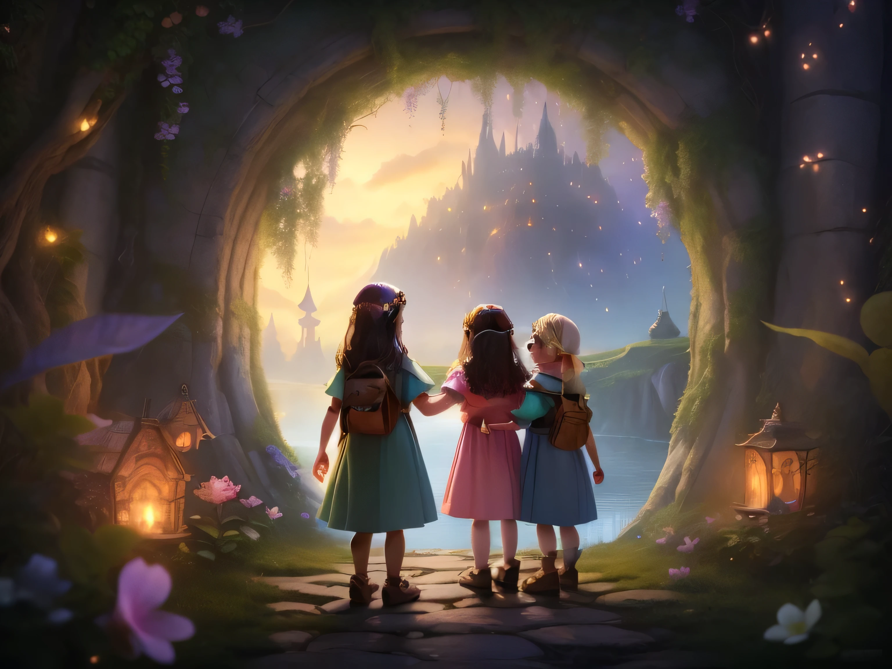 two little girls are standing in front of a tunnel with fairy lights, childrens art in artstation, the magical ring of three wishes, beautiful render of a fairytale, official illustration, fantasy matte painting，cute, the ring of three wishes, promotional art, enchanted magical fantasy forest, official render, official artwork, magical concept art, by Elaine Hamilton, magical forest backround