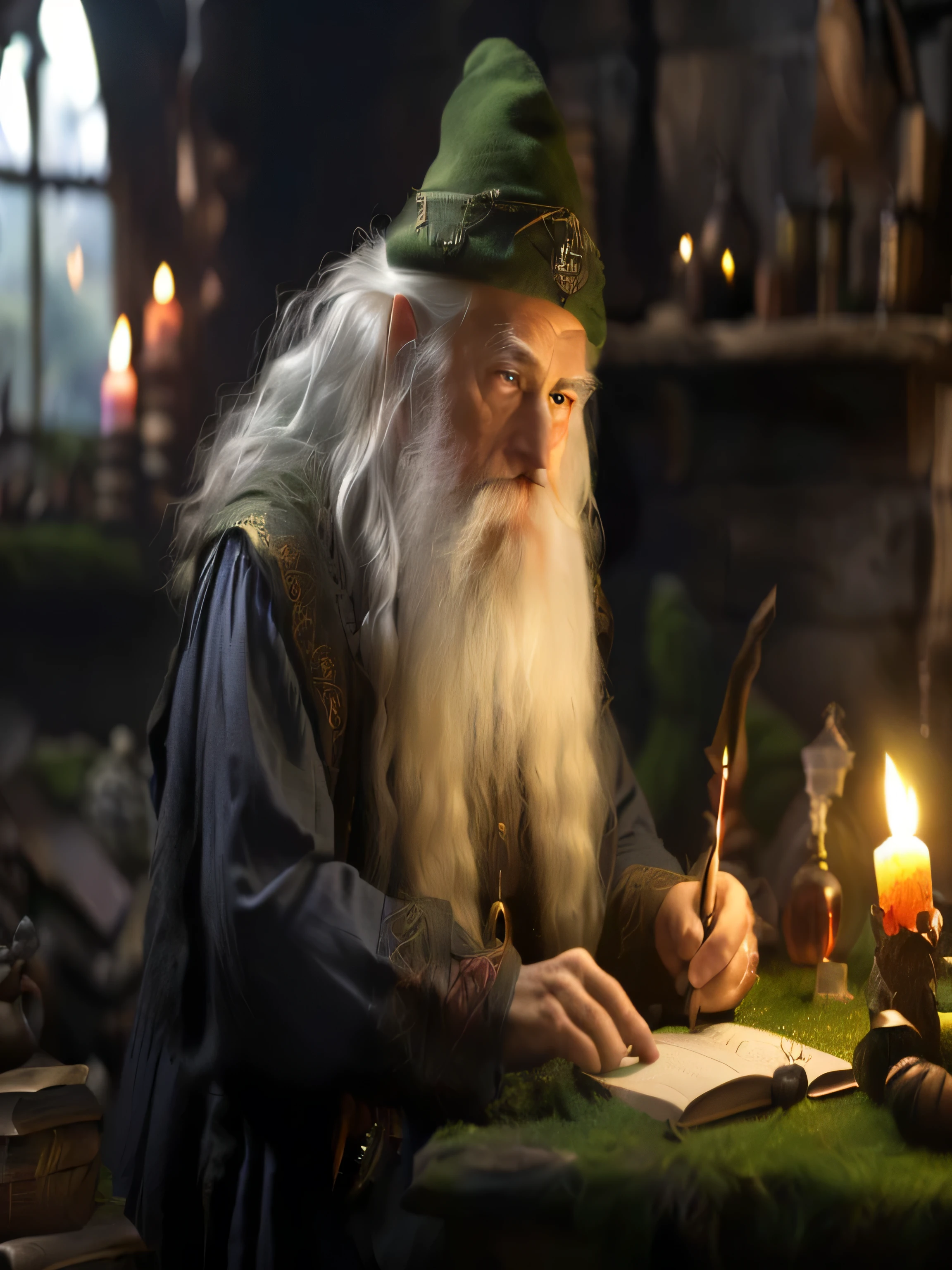 arafed man with long white beard writing a book in a room, wizard sits reading at a desk, spell casting wizard, wizard casting a spell, an arcane wizard casting a spell, wizard reading a directory, wizard hat cinematic lighting, wizard doing a tarot reading, pensive wizard examining eggs, portrait of a wizard, dumbledore, wizard examining eggs