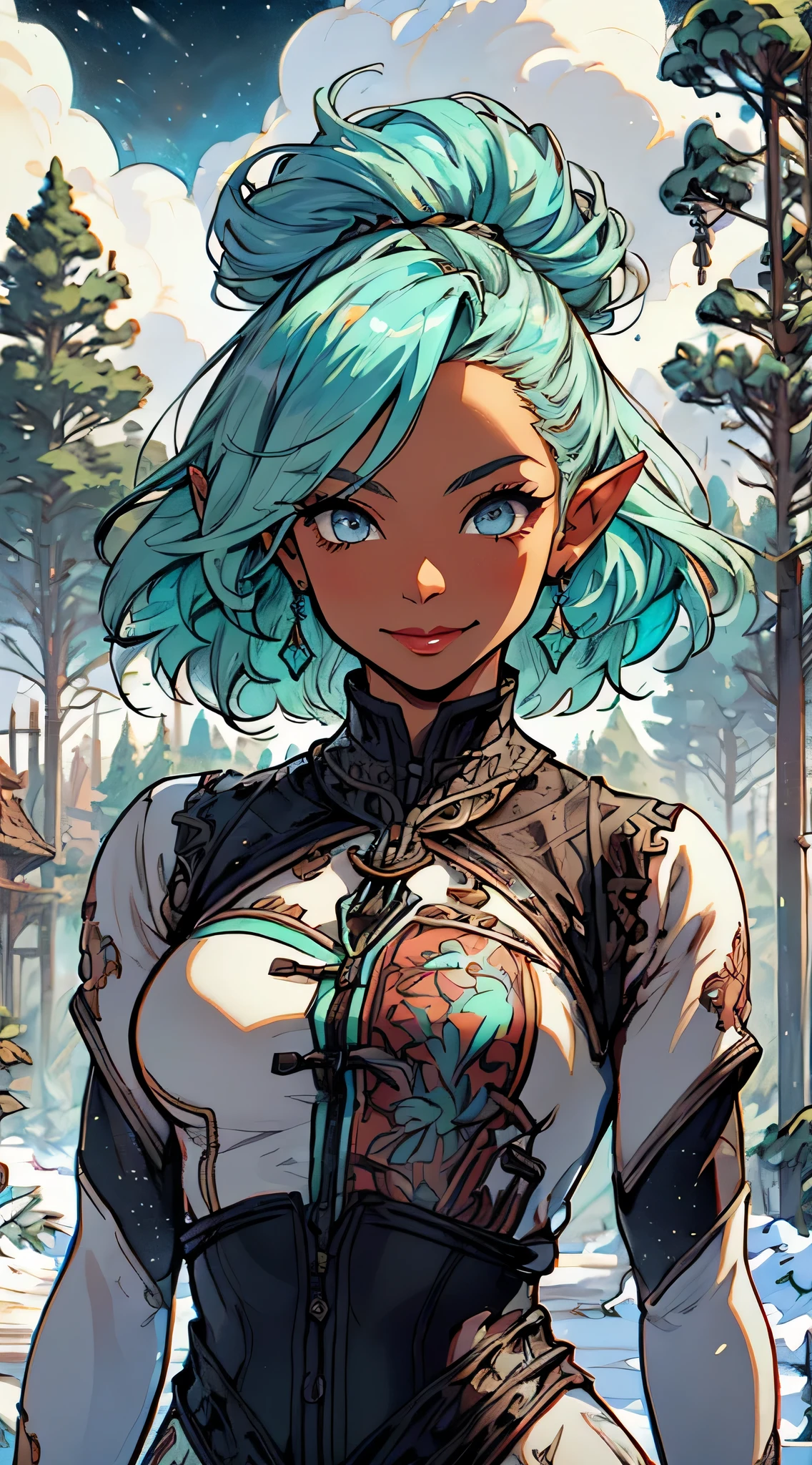 cute elf,(((little ,tiny little body,little))),(((6 ))),((anime elf with extremely cute and beautiful aqua hair)), (((elf,elf ears))), ((lesbian,yuri)),(((flat chest))),((((aqua hair:1.35,undercut aqua hair,colored inner hair,ear breathing)))),(((aqua_eyes:1.3))),intricate eyes,beautiful detailed eyes,symmetrical eyes,big eyes:1.5,(((dark skin,dark_skin,lustrous skin:1.5,bright skin: 1.5,skin tanned,shiny skin,very shiny skin,shiny body,plastic glitter skin,exaggerated shiny skin,illuminated skin))),(,detailed body,(detailed face)), cute,slutty,erotic,daring,(((nsfw))), zettai ryouiki,revealing clothing,show skin,(((Sexy aqua fur coat, aqua fur coat outfit, wearing a ice dress:1.3,aqua winter coat))), ((ice dress,elegant ice dress)),(white gloves,white clothes,(((intricate outfit,intricate clothes,embroidered outfit,ornate outfit,embroidered clothes,ornate clothes))), (dynamic pose:1.0),embarrassed,(centered,scale to fit dimensions,Rule of thirds), ((snowy pine forest at night)), with dark stormy clouds,winter,scenery:1.25,((snow forest background)),Christmas tree, highres,sharp focus,(ultra detailed,extremely detailed),(photorealistic artwork:1.37),(extremely detailed CG unity 8k wallpaper),(((vibrant colors,vibrant theme))),(intricate),(masterpiece),(best quality), Lucia, smiling,