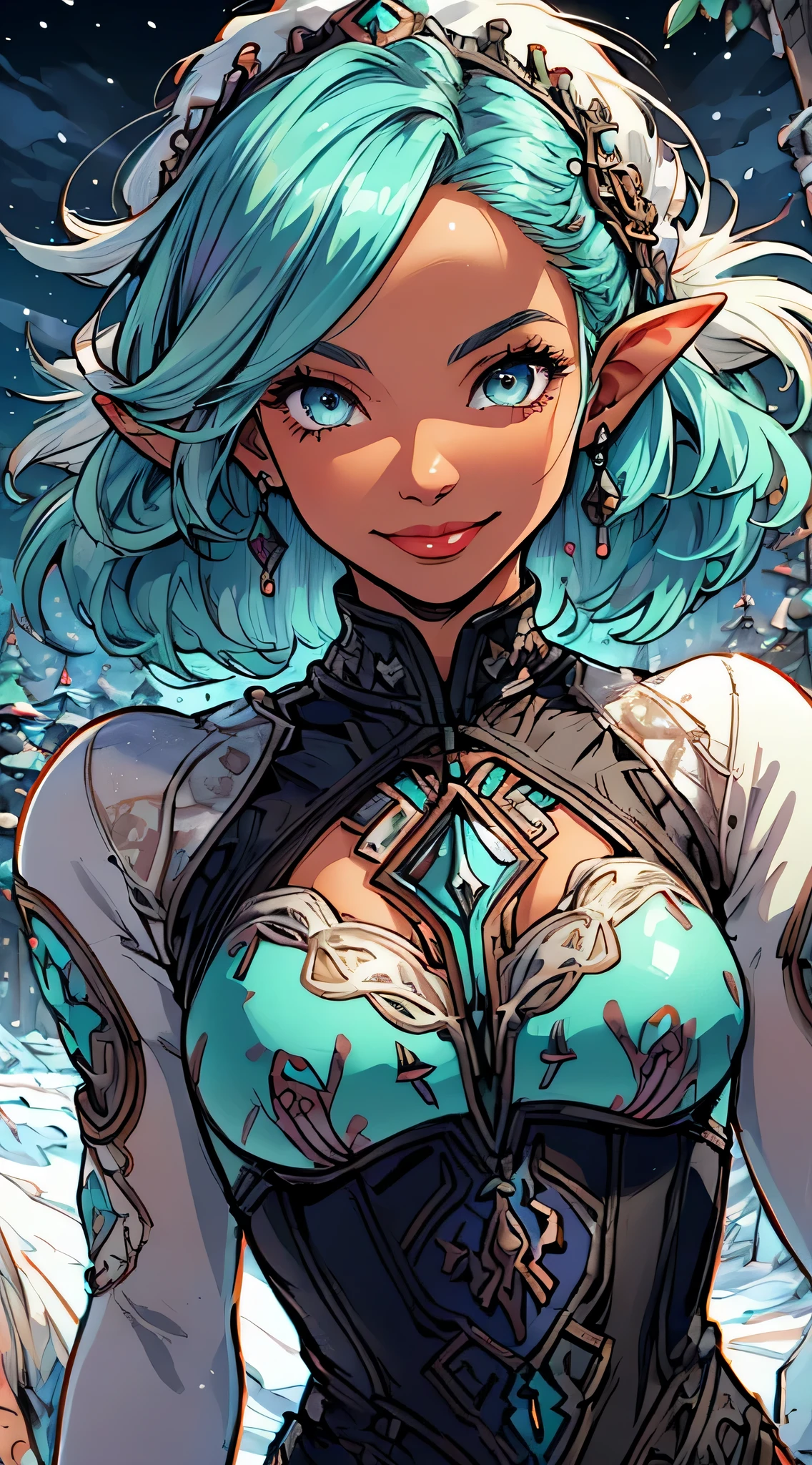 cute elf,(((little ,tiny little body,little))),(((6 years old))),((anime elf with extremely cute and beautiful aqua hair)), (((elf,elf ears))), ((lesbian,yuri)),(((flat chest))),((((aqua hair:1.35,undercut aqua hair,colored inner hair,ear breathing)))),(((aqua_eyes:1.3))),intricate eyes,beautiful detailed eyes,symmetrical eyes,big eyes:1.5,(((dark skin,dark_skin,lustrous skin:1.5,bright skin: 1.5,skin tanned,shiny skin,very shiny skin,shiny body,plastic glitter skin,exaggerated shiny skin,illuminated skin))),(,detailed body,(detailed face)), cute,slutty,erotic,daring,(((nsfw))), zettai ryouiki,revealing clothing,show skin,(((Sexy aqua fur coat, aqua fur coat outfit, wearing a ice dress:1.3,aqua winter coat))), ((ice dress,elegant ice dress)),(white gloves,white clothes,(((intricate outfit,intricate clothes,embroidered outfit,ornate outfit,embroidered clothes,ornate clothes))), (dynamic pose:1.0),embarrassed,(centered,scale to fit dimensions,Rule of thirds), ((snowy pine forest at night)), with dark stormy clouds,winter,scenery:1.25,((snow forest background)),Christmas tree, highres,sharp focus,(ultra detailed,extremely detailed),(photorealistic artwork:1.37),(extremely detailed CG unity 8k wallpaper),(((vibrant colors,vibrant theme))),(intricate),(masterpiece),(best quality), Lucia, smiling,