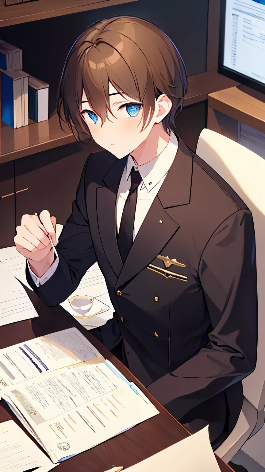 masterpiece、highest quality、study、I&#39;m doing paperwork、sitting in a chair、serious expression、Rin々New、male、Handsome guy、brown hair、blue eyes、tall、white shirt、black tie、epaulettes、I&#39;m wearing black slacks、tea cup on the desk、