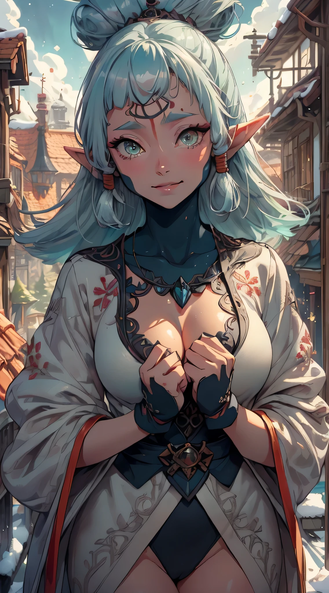 cute elf,(((little ,tiny little body,little))),((())),((anime elf with extremely cute and beautiful aqua hair)), (((elf,elf ears))), ((lesbian,yuri)),(((flat chest))),((((aqua hair:1.35,undercut aqua hair,colored inner hair,ear breathing)))),(((aqua_eyes:1.3))),intricate eyes,beautiful detailed eyes,symmetrical eyes,big eyes:1.5,(((dark skin,dark_skin,lustrous skin:1.5,bright skin: 1.5,skin tanned,shiny skin,very shiny skin,shiny body,plastic glitter skin,exaggerated shiny skin,illuminated skin))),(,detailed body,(detailed face)), cute,slutty,erotic,daring,(((nsfw))), zettai ryouiki,revealing clothing,show skin,(((Sexy aqua fur coat, aqua fur coat outfit, wearing a ice dress:1.3,aqua winter coat))), ((ice dress,elegant ice dress)),(white gloves,white clothes,(((intricate outfit,intricate clothes,embroidered outfit,ornate outfit,embroidered clothes,ornate clothes))), (dynamic pose:1.0),embarrassed,(centered,scale to fit dimensions,Rule of thirds), ((snowy pine forest at night)), with dark stormy clouds,winter,scenery:1.25,((snow forest background)),Christmas tree, highres,sharp focus,(ultra detailed,extremely detailed),(photorealistic artwork:1.37),(extremely detailed CG unity 8k wallpaper),(((vibrant colors,vibrant theme))),(intricate),(masterpiece),(best quality), Paya, smiling,