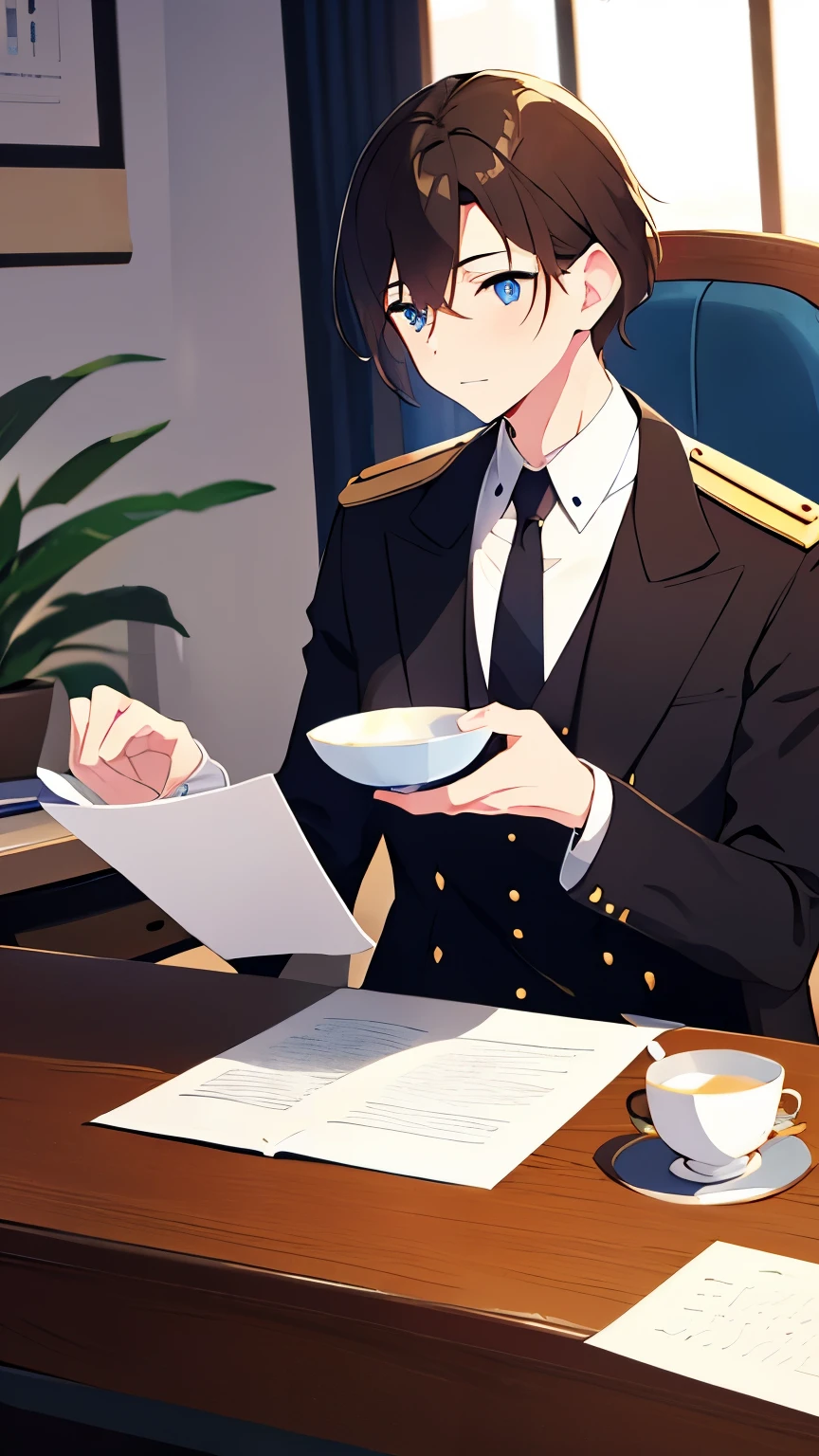 masterpiece、highest quality、study、I&#39;m doing paperwork、sitting in a chair、serious expression、Rin々New、male、Handsome guy、brown hair、blue eyes、tall、white shirt、black tie、epaulettes、I&#39;m wearing black slacks、tea cup on the desk、