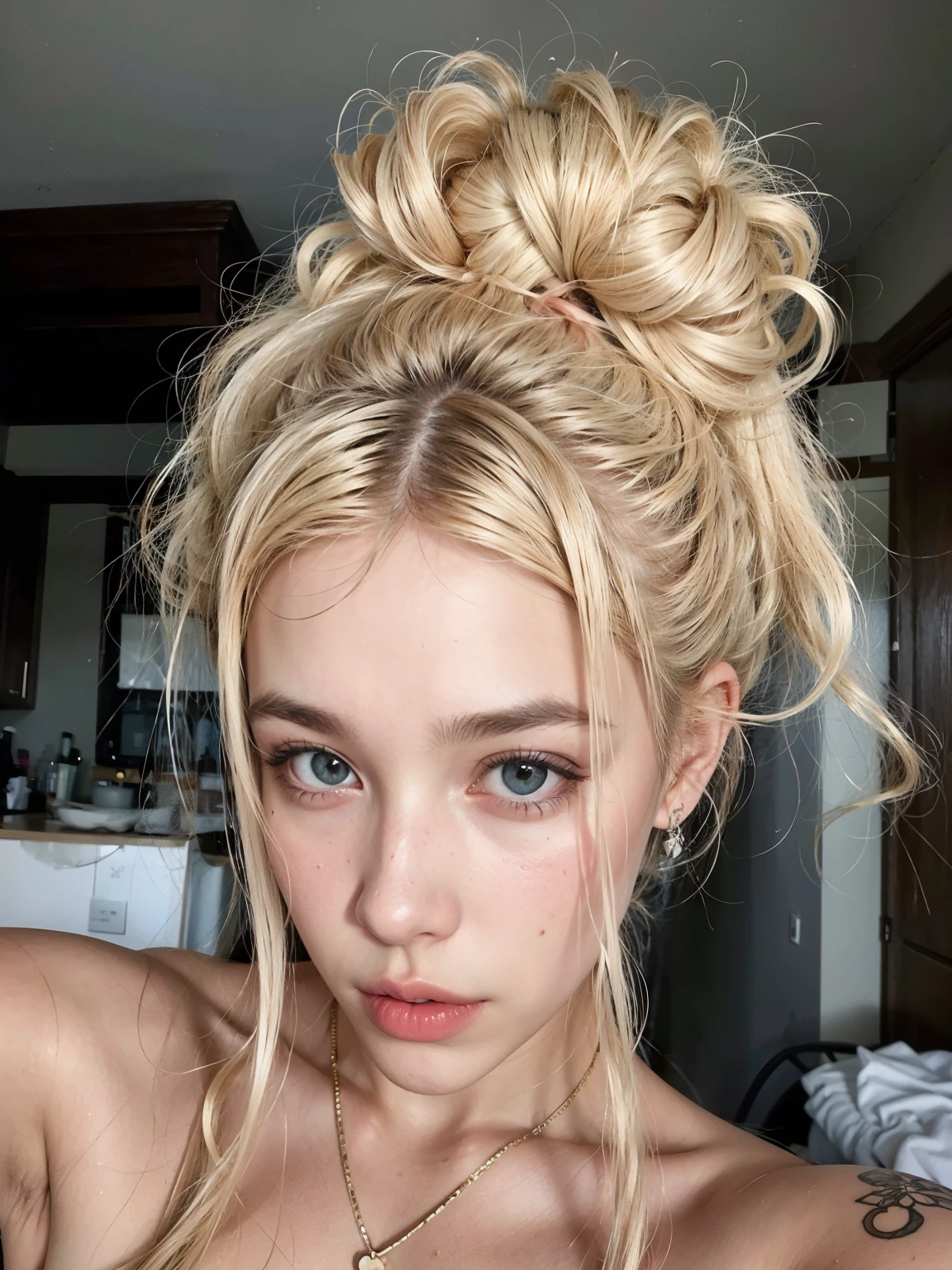 blonde woman with messy pompadour and piercings posing for a photo, girl with messy bun hairstyle, messy blonde hair, messy blonde hair, cabelo preso em um coque, topete, messy hairstyle, Uma garota com cabelo loiro, cabelo preso em um coque, blonde hair with braids, Ava Max, hairstyle with curly and messy high bun, she has messy hair