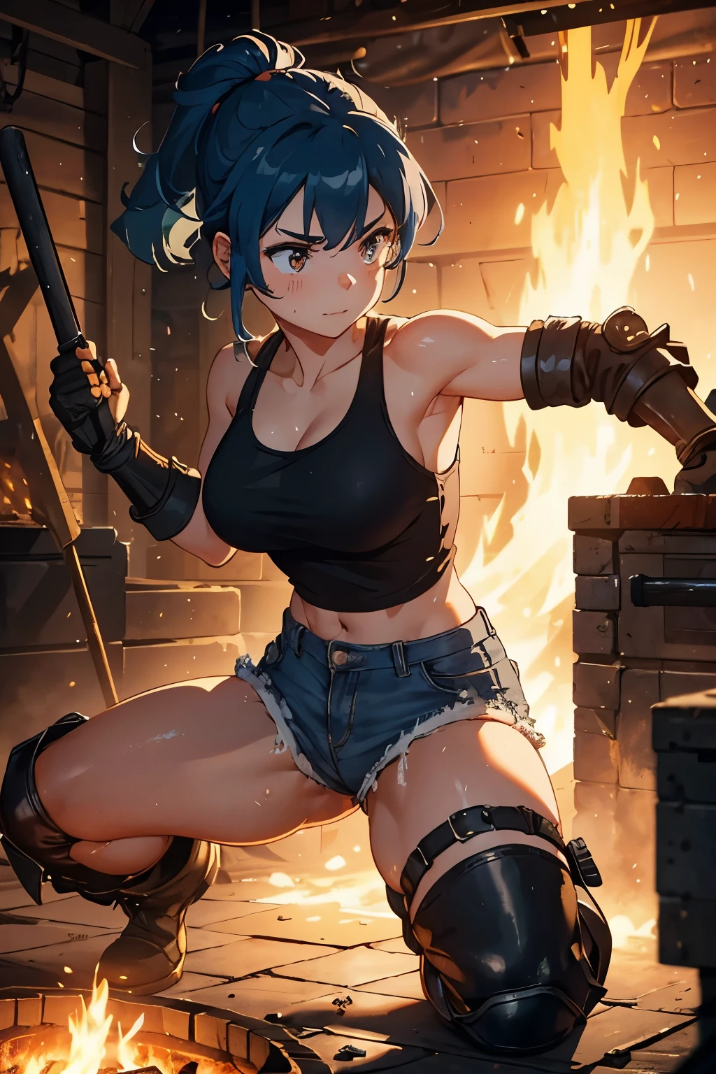 In the heart of the blacksmith's forge, a remarkable woman with four arms busied herself, each arm wielding a hammer and striking an anvil with a resounding clang. Sweat dripped from her brow as she labored, her blue hair matted to her head in the extreme heat of the oven located in the background. The hot lighting cast an orange glow over her punished face, her gloves and long boots caked with grime. Despite the discomfort, she wore short shorts and a yellow tank top, revealing her impressive muscles and determination. With each strike, she brought forth new life into the metal, transforming it into magnificent creations.