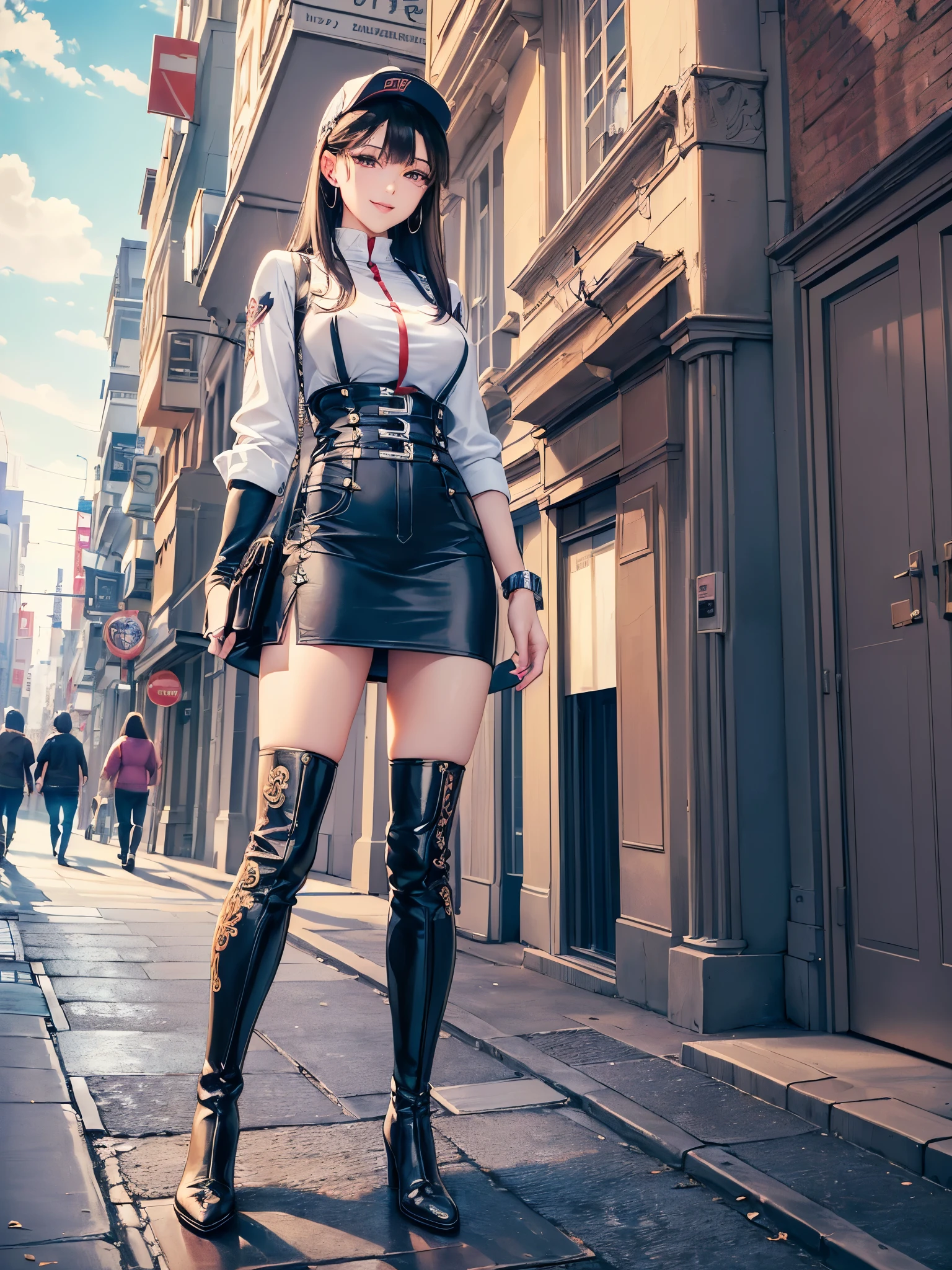 ((highest quality)),(ultra high resolution),(Super detailed),(detailed description),((best CG)),(best work of art),super precision art,amazing drawing art,(Art with precise details:1.5), (1 female:1.5),fashion leader:1.6,(beautiful and well-shaped face:1.5),(smile:1.5),(Casual fashion depicted in precise detail:1.6),(Knee-high boots:1.5), (Meticulously detailed street corners:1.4),(evergreen:1.4),cafeteria